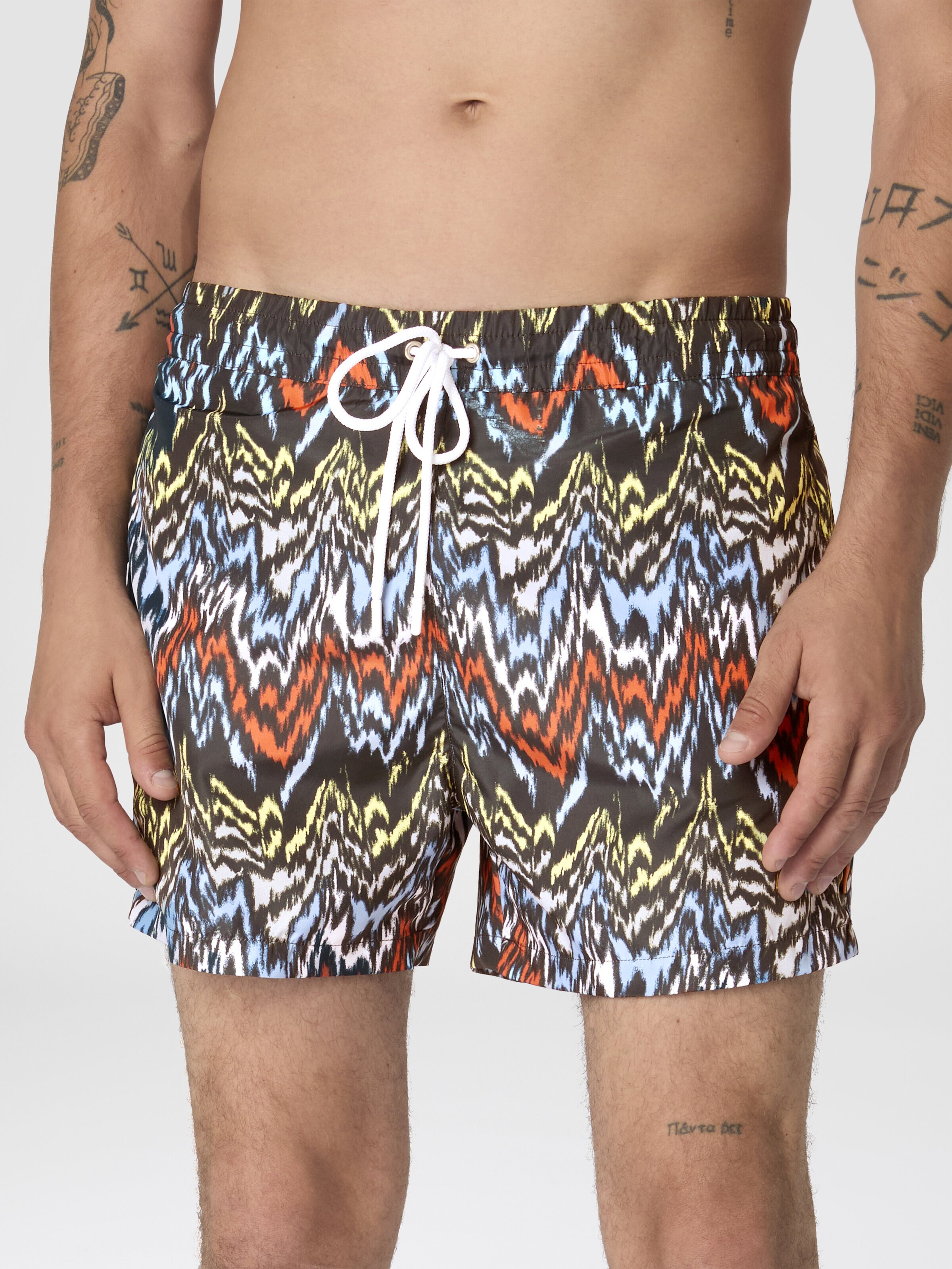 Mid-length swim shorts with abstract zigzag print, Black & Multicoloured - 4