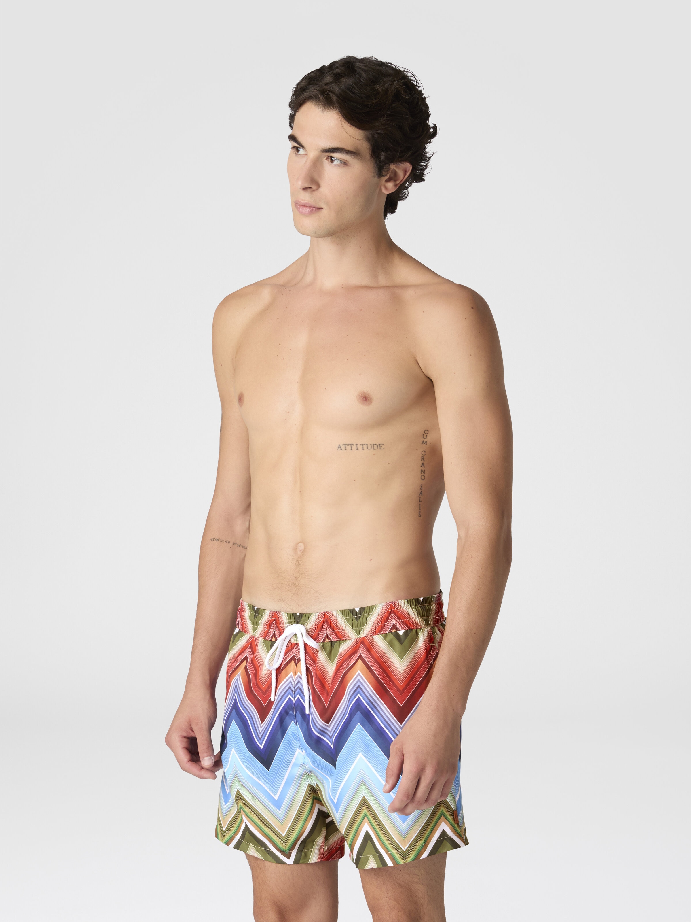 Mid-length swim shorts with macro zigzag print, Multicoloured  - 1
