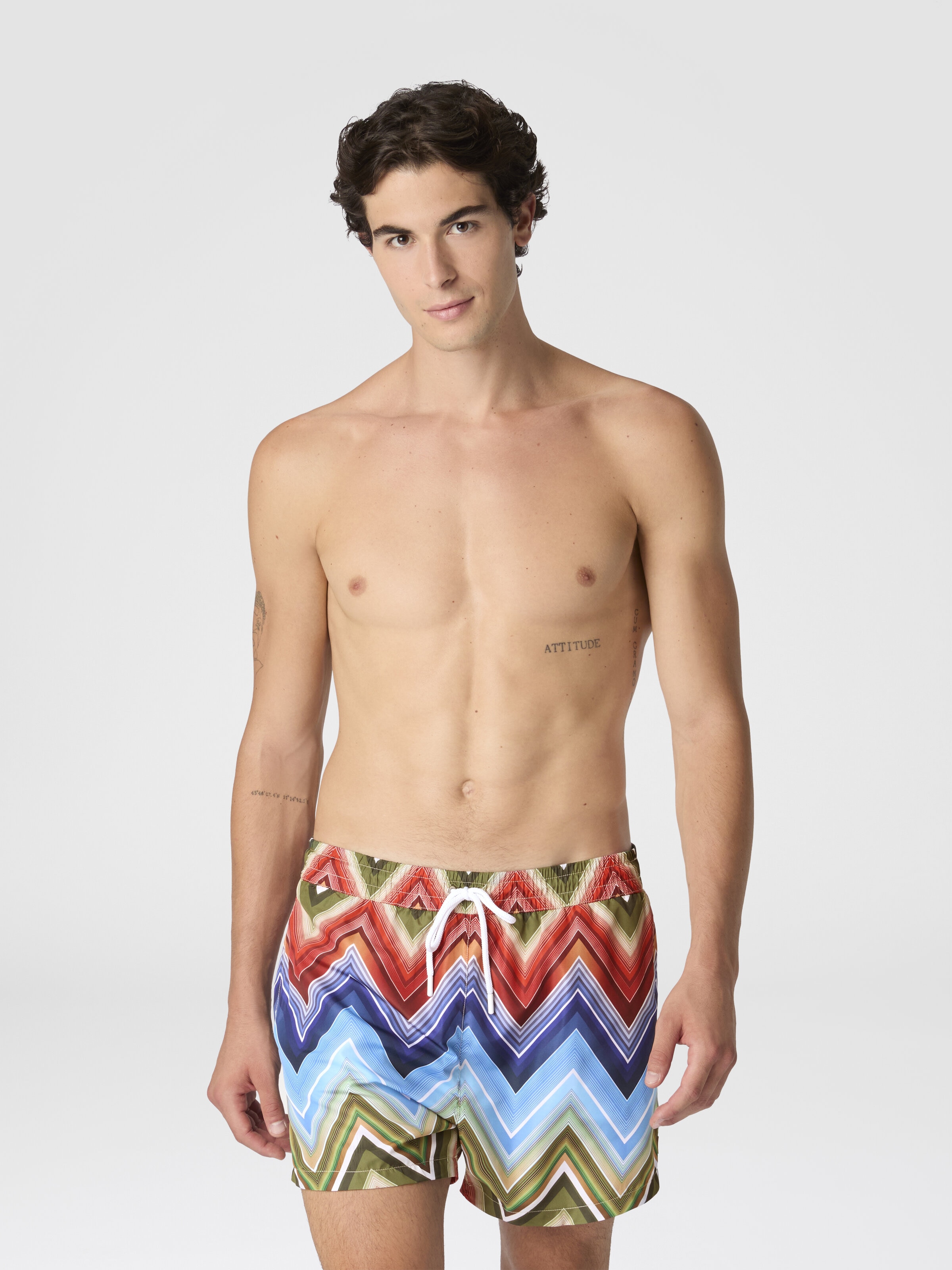 Mid-length swim shorts with macro zigzag print, Multicoloured  - 3