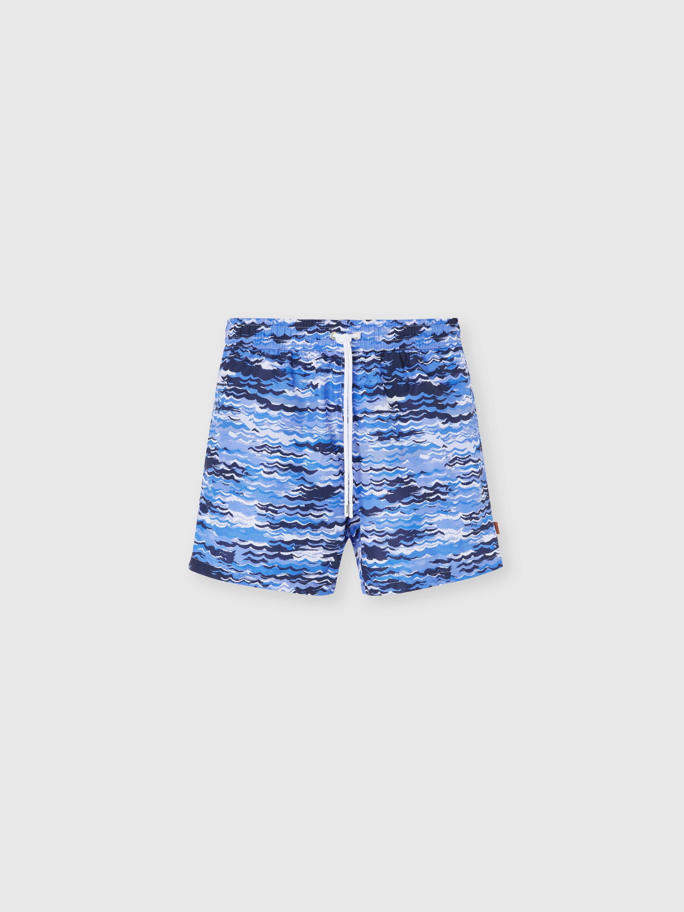 Mid-length swim shorts with wave print, Blue - 0
