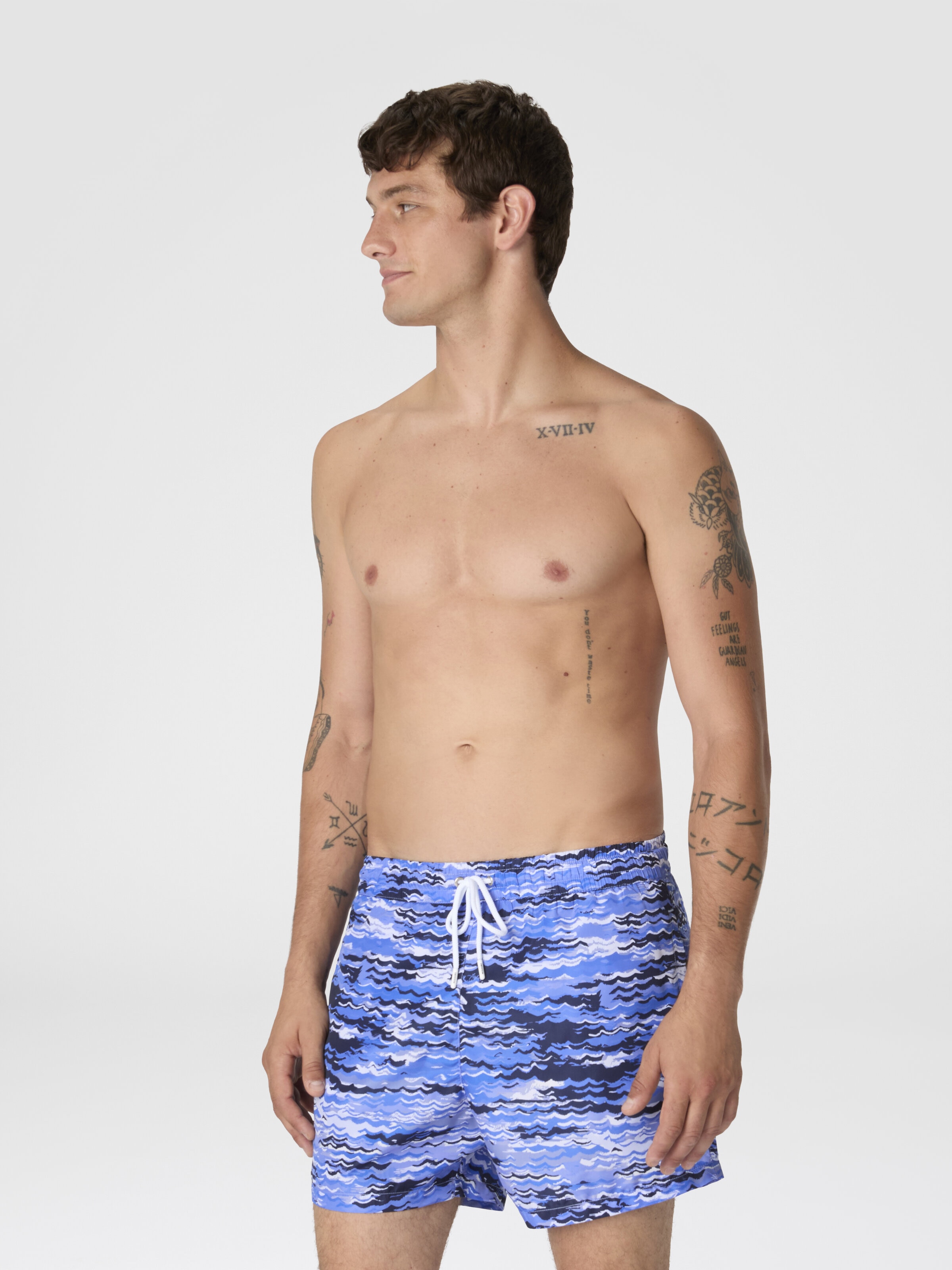 Mid-length swim shorts with wave print, Blue - 1
