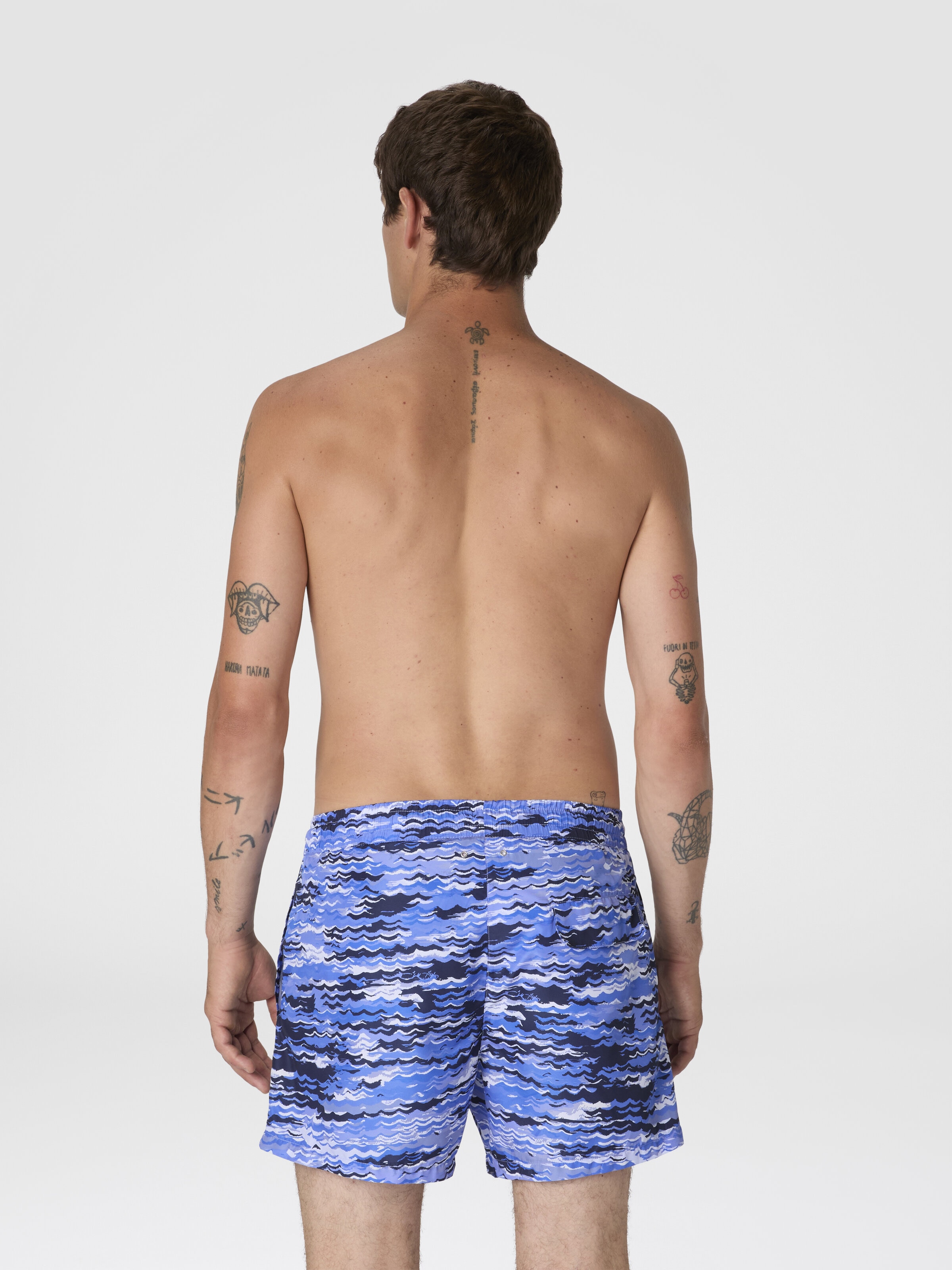 Mid-length swim shorts with wave print, Blue - 2