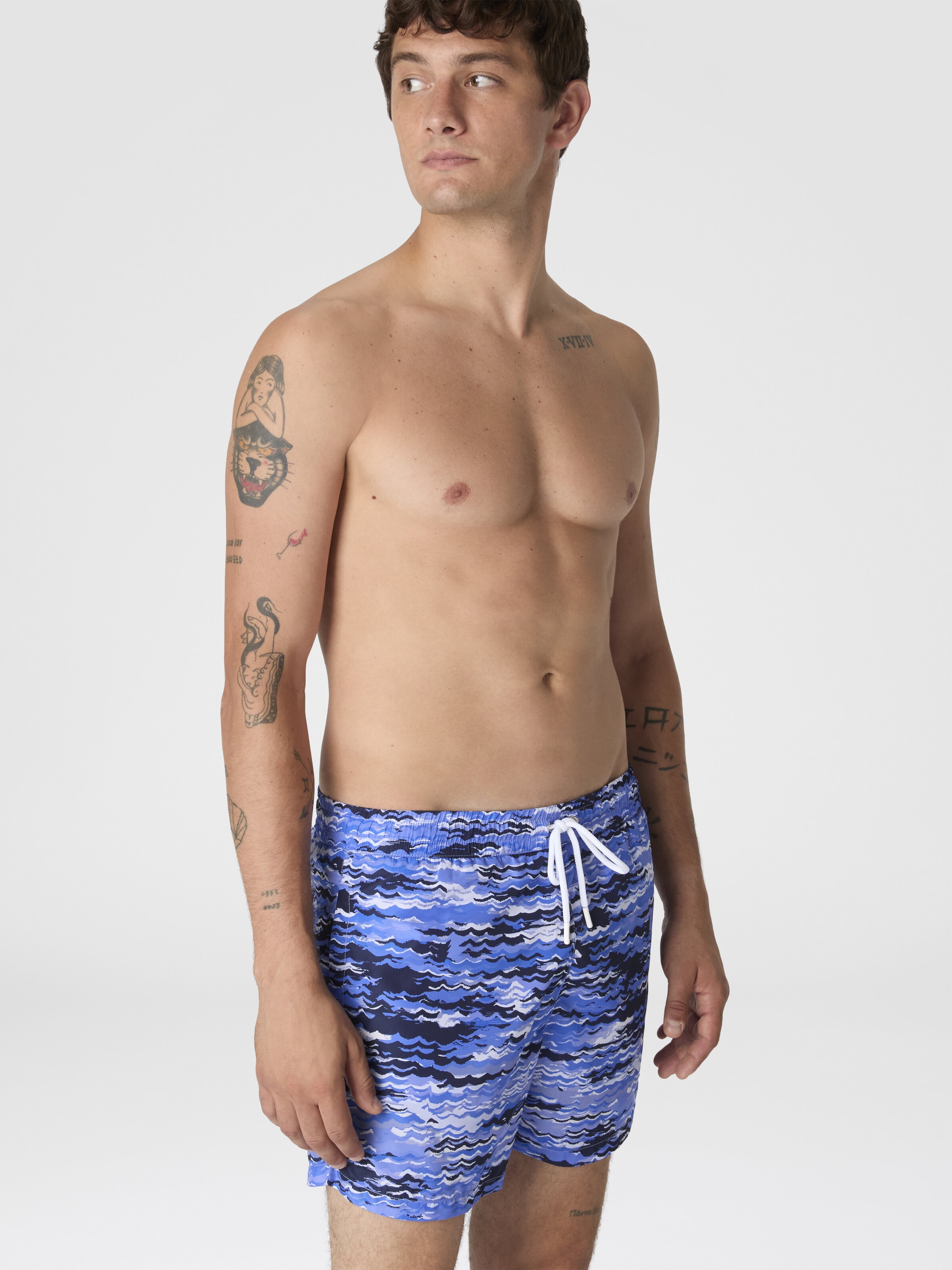Mid-length swim shorts with wave print, Blue - 3