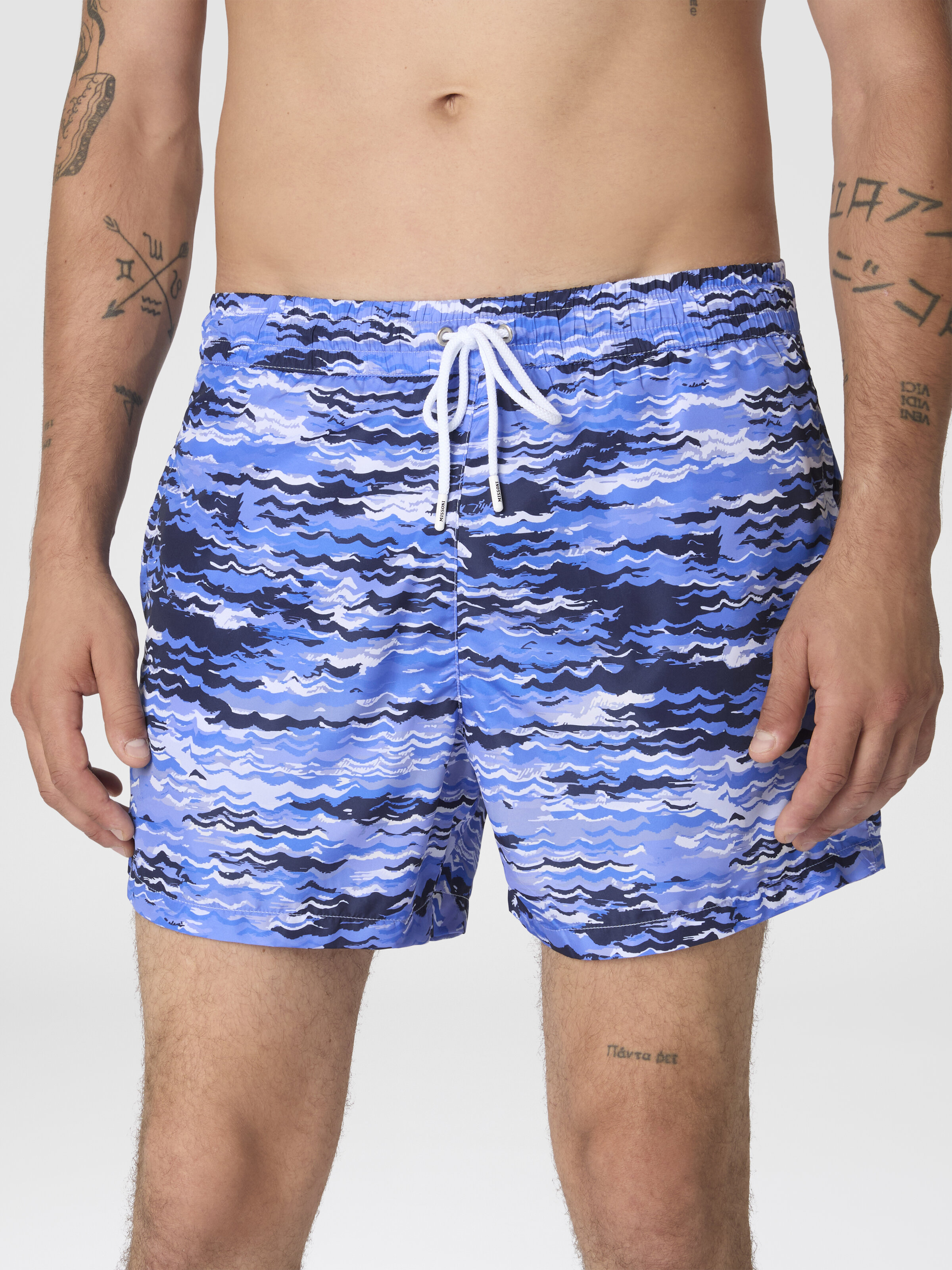 Mid-length swim shorts with wave print, Blue - 4