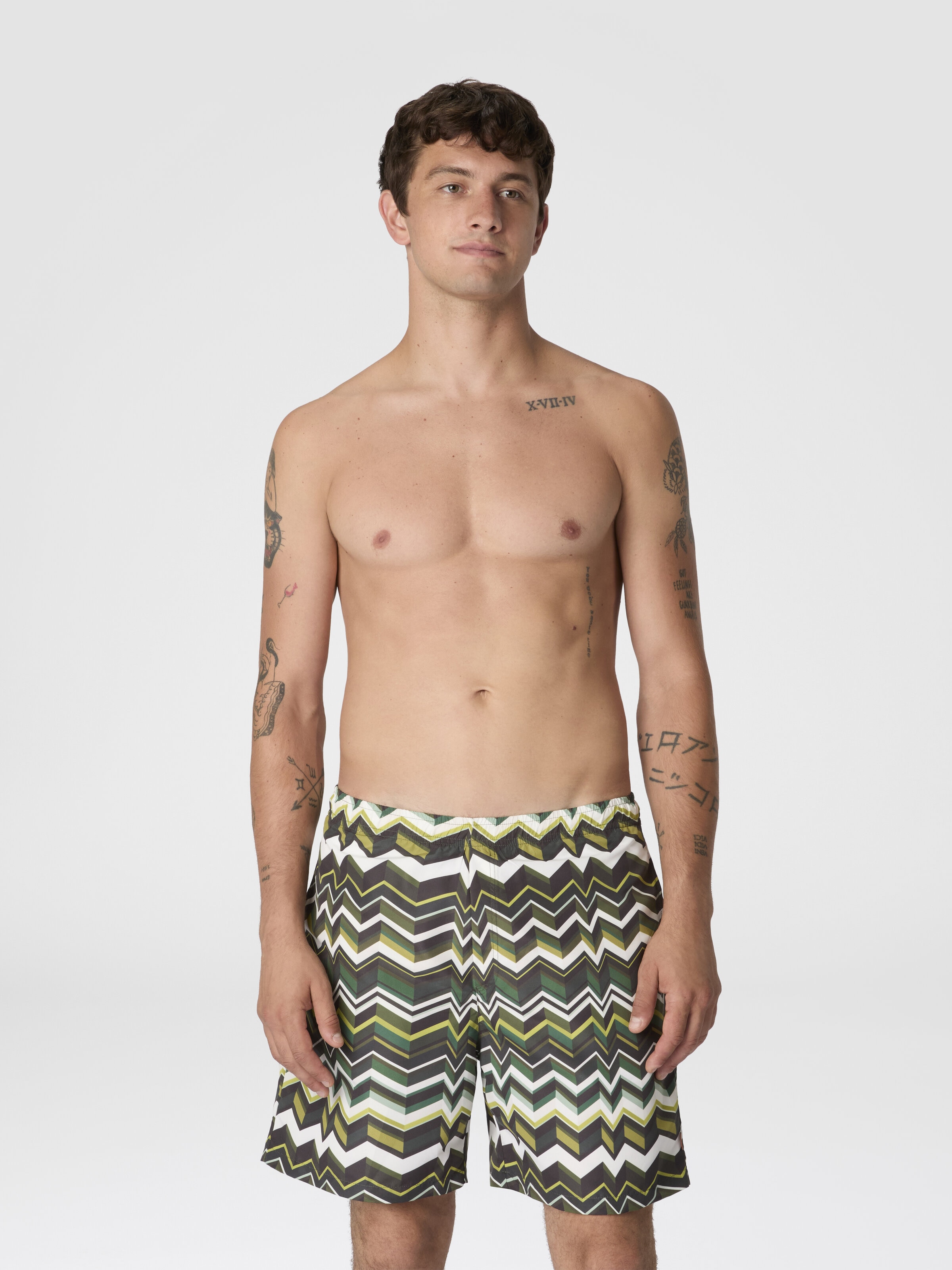 Long swim shorts with irregular zigzag print, Green - 1