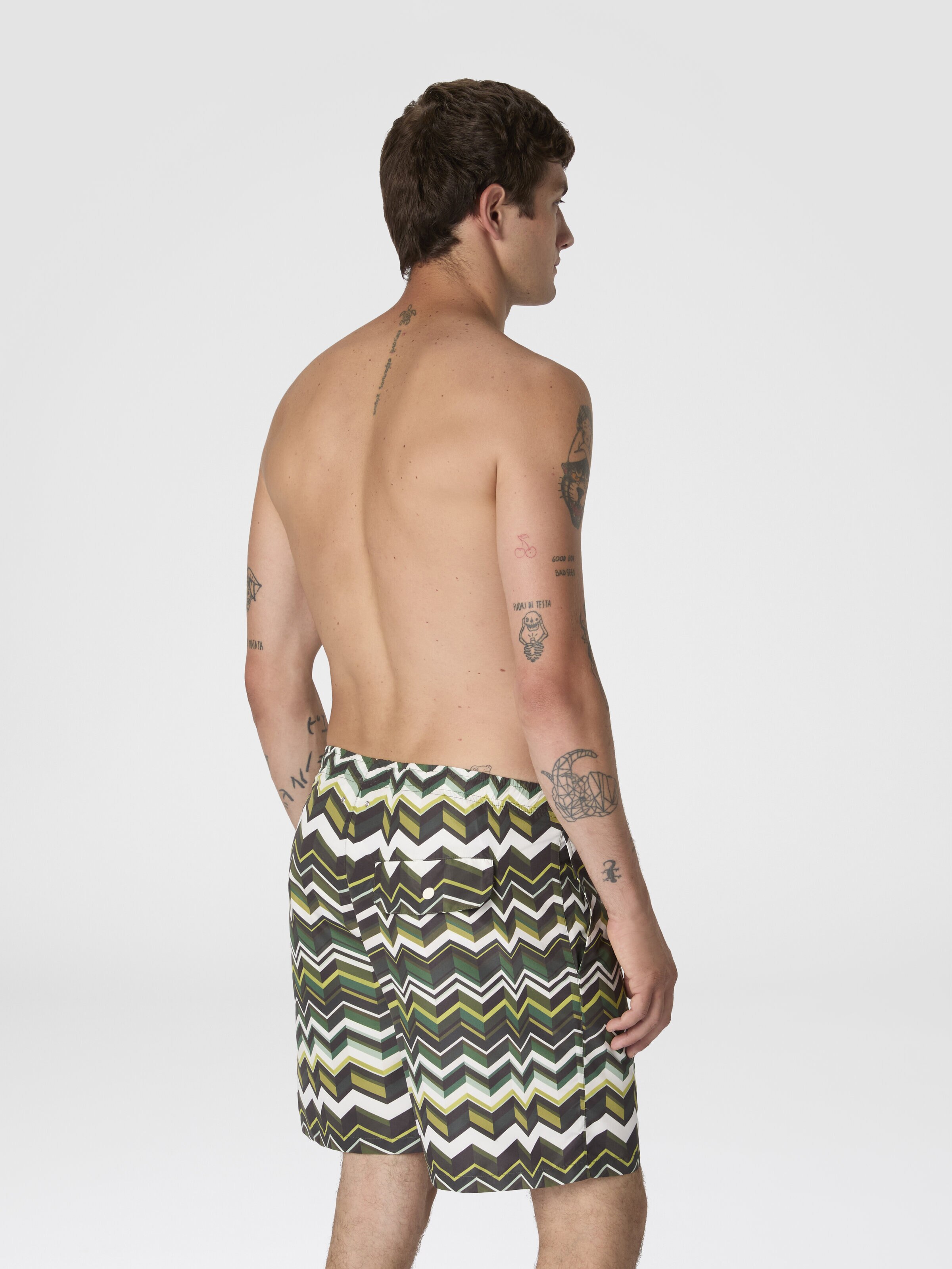 Long swim shorts with irregular zigzag print, Green - 2