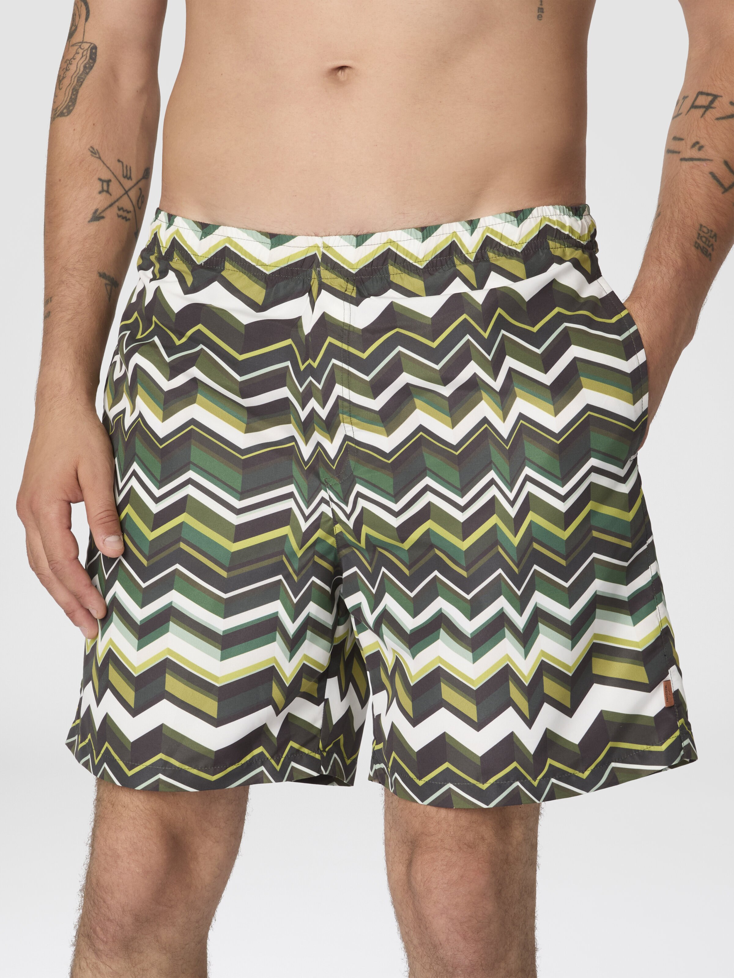 Long swim shorts with irregular zigzag print, Green - 4