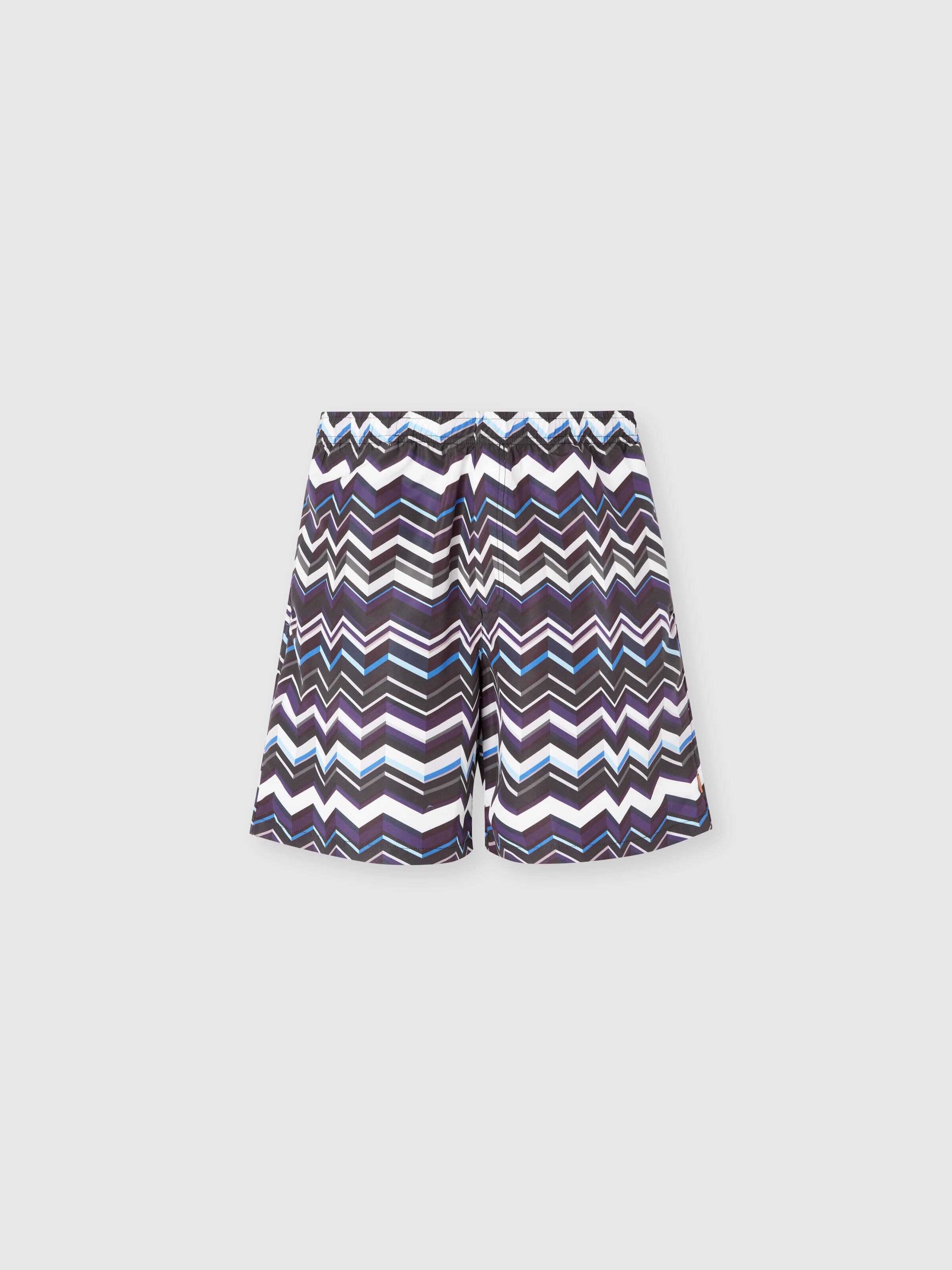Long swim shorts with irregular zigzag print, Blue - 0
