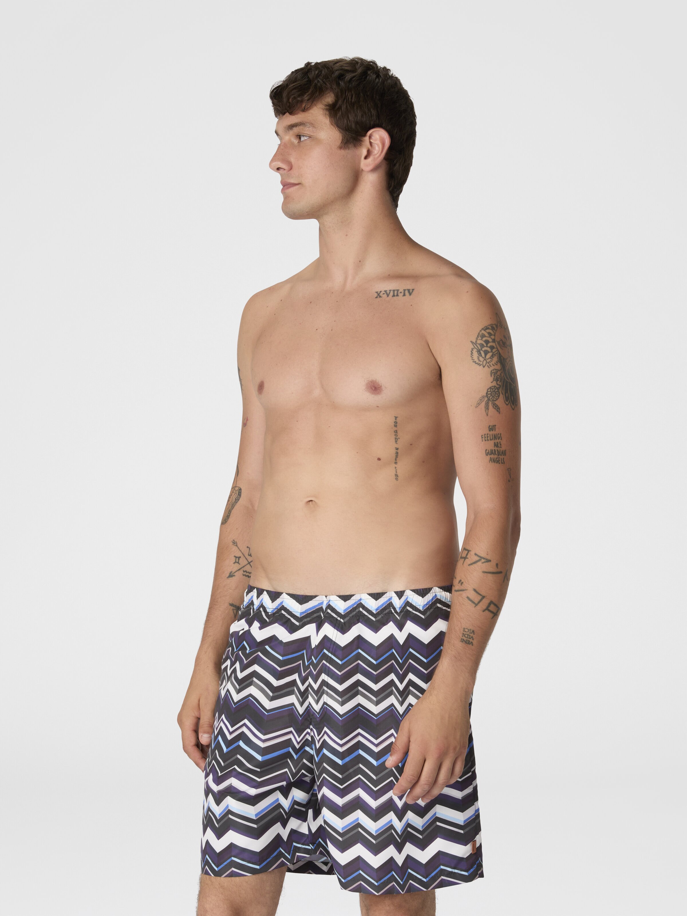 Long swim shorts with irregular zigzag print, Blue - 1