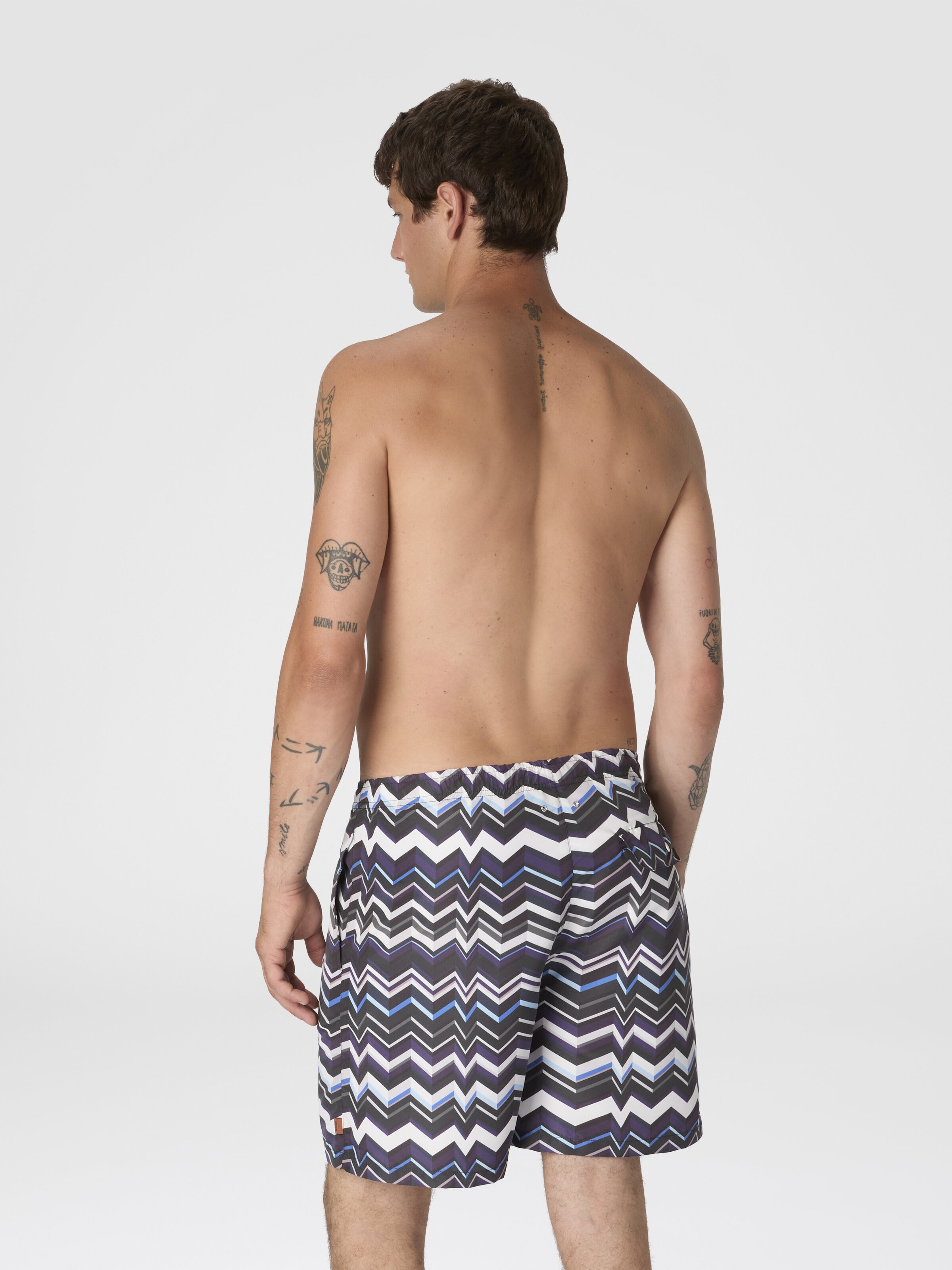 Long swim shorts with irregular zigzag print, Blue - 2