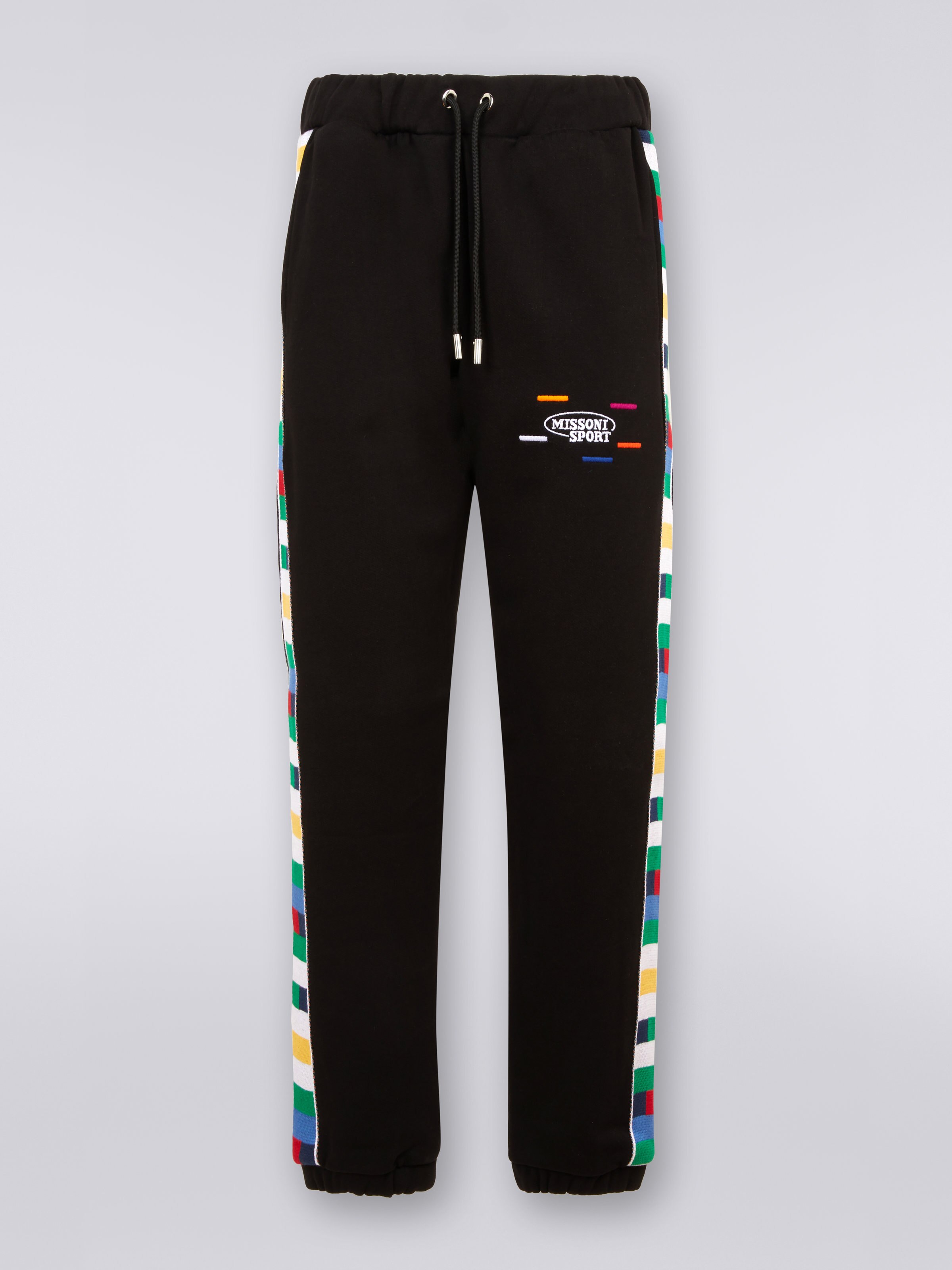 Pantalon de sport en coton avec bandes tricotées, Noir & Multicolore  - 0