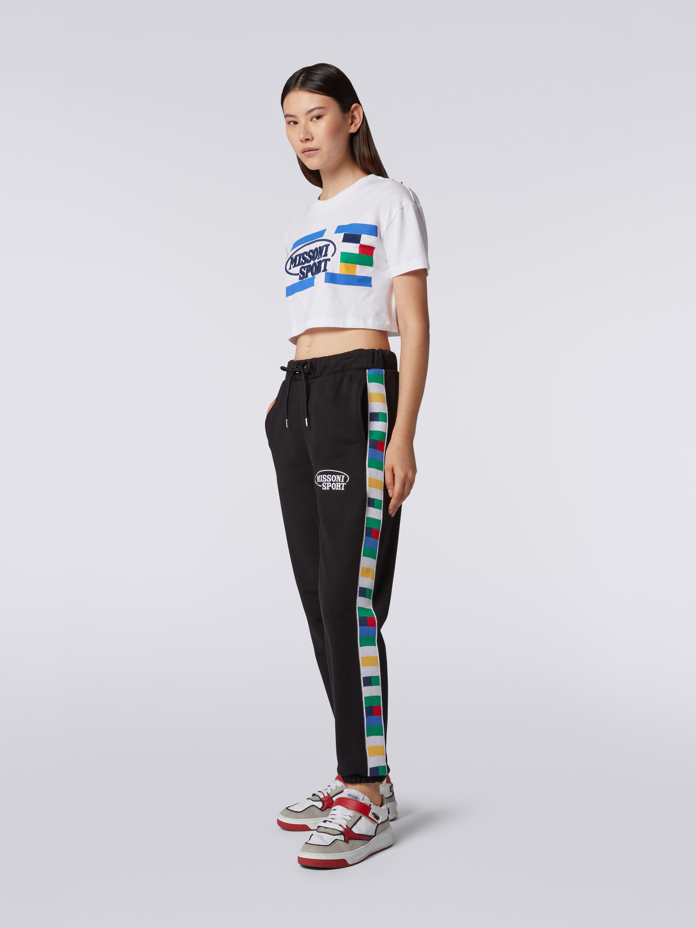 Pantalon de sport en coton avec bandes tricotées, Noir & Multicolore  - 2