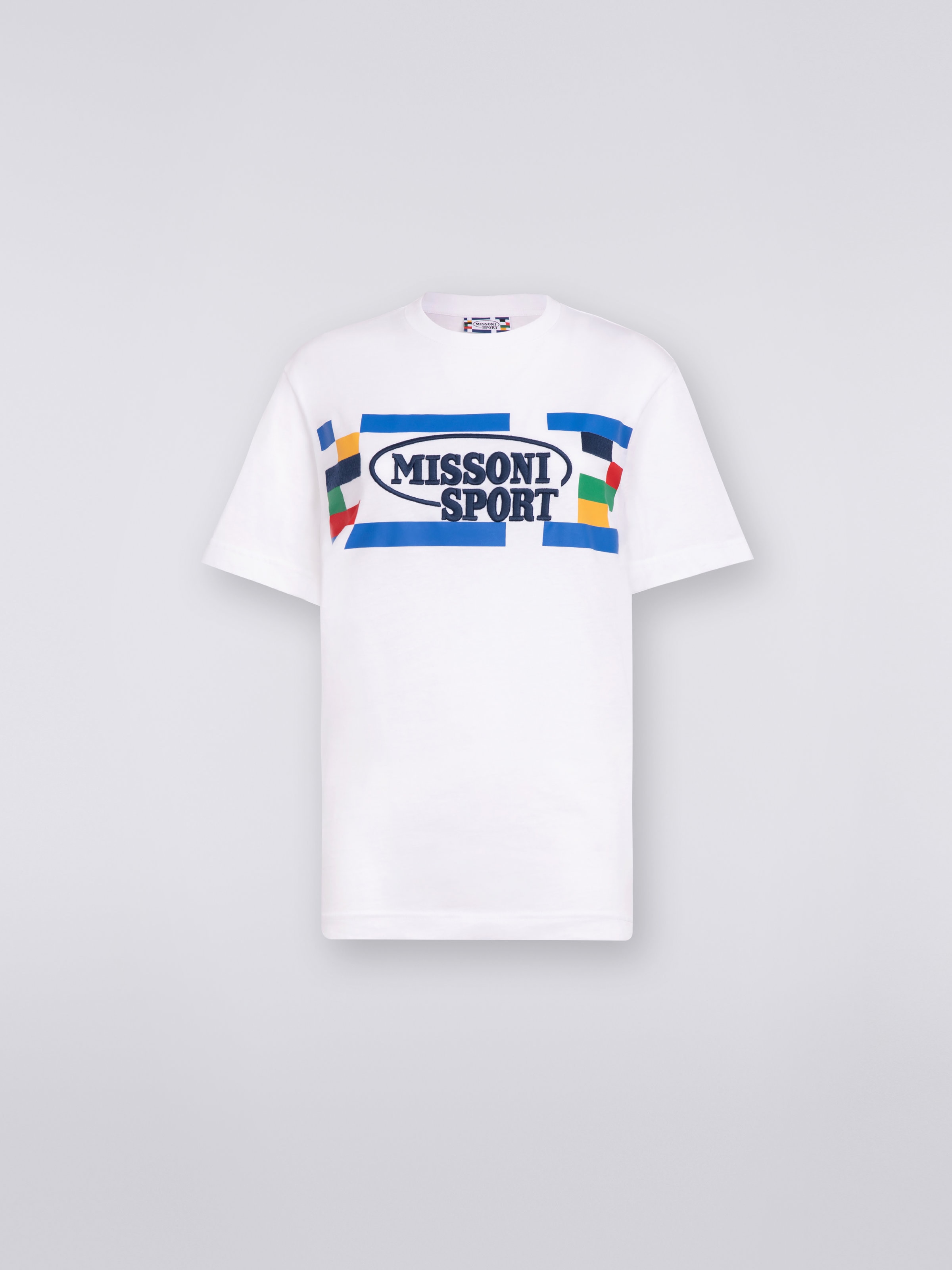 Crew-neck cotton T-shirt with logo and contrasting piping, White & Multicoloured Heritage - 0