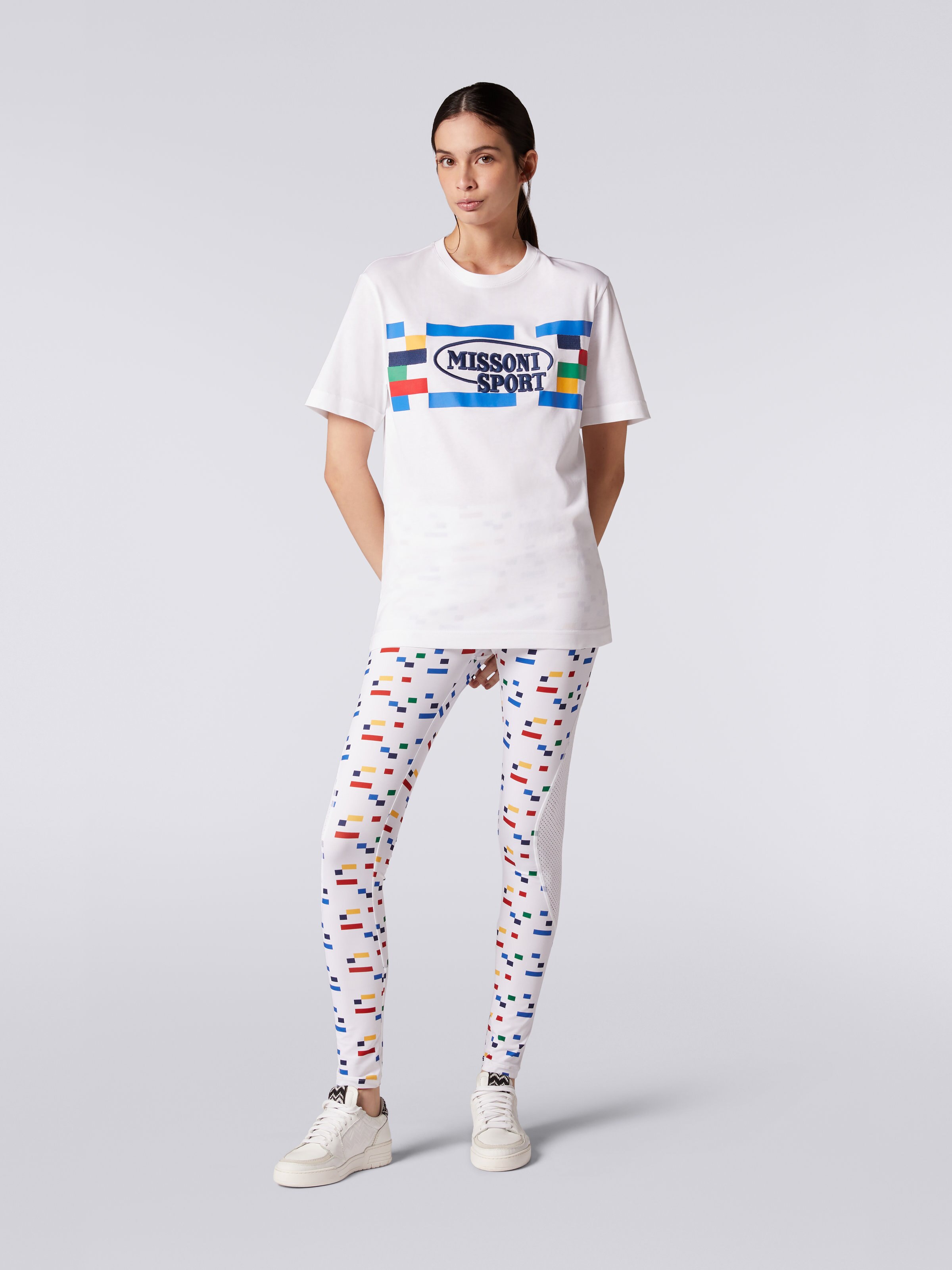 Crew-neck cotton T-shirt with logo and contrasting piping, White & Multicoloured Heritage - 2