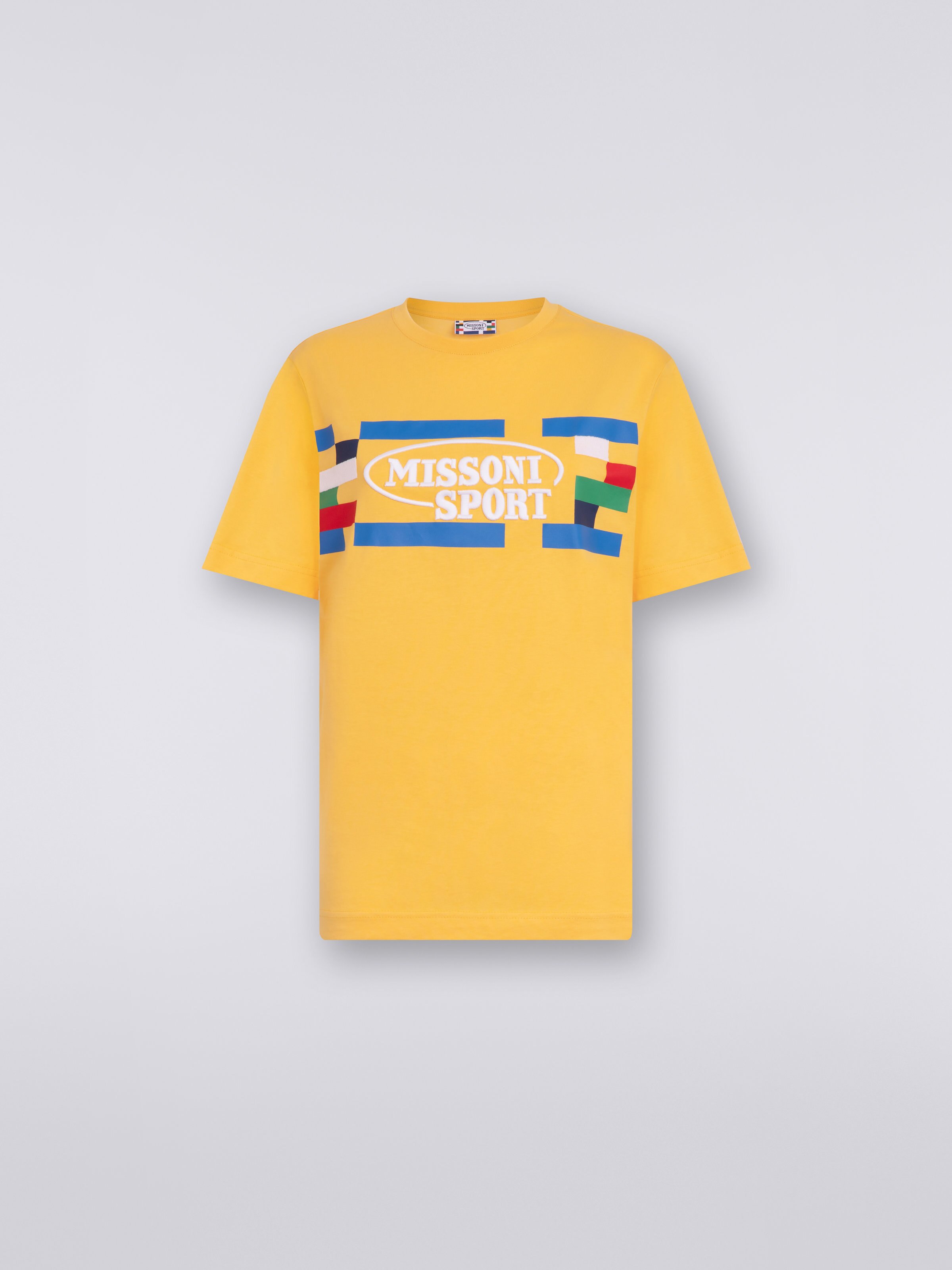 Crew-neck cotton T-shirt with logo and contrasting piping, Yellow  - 0
