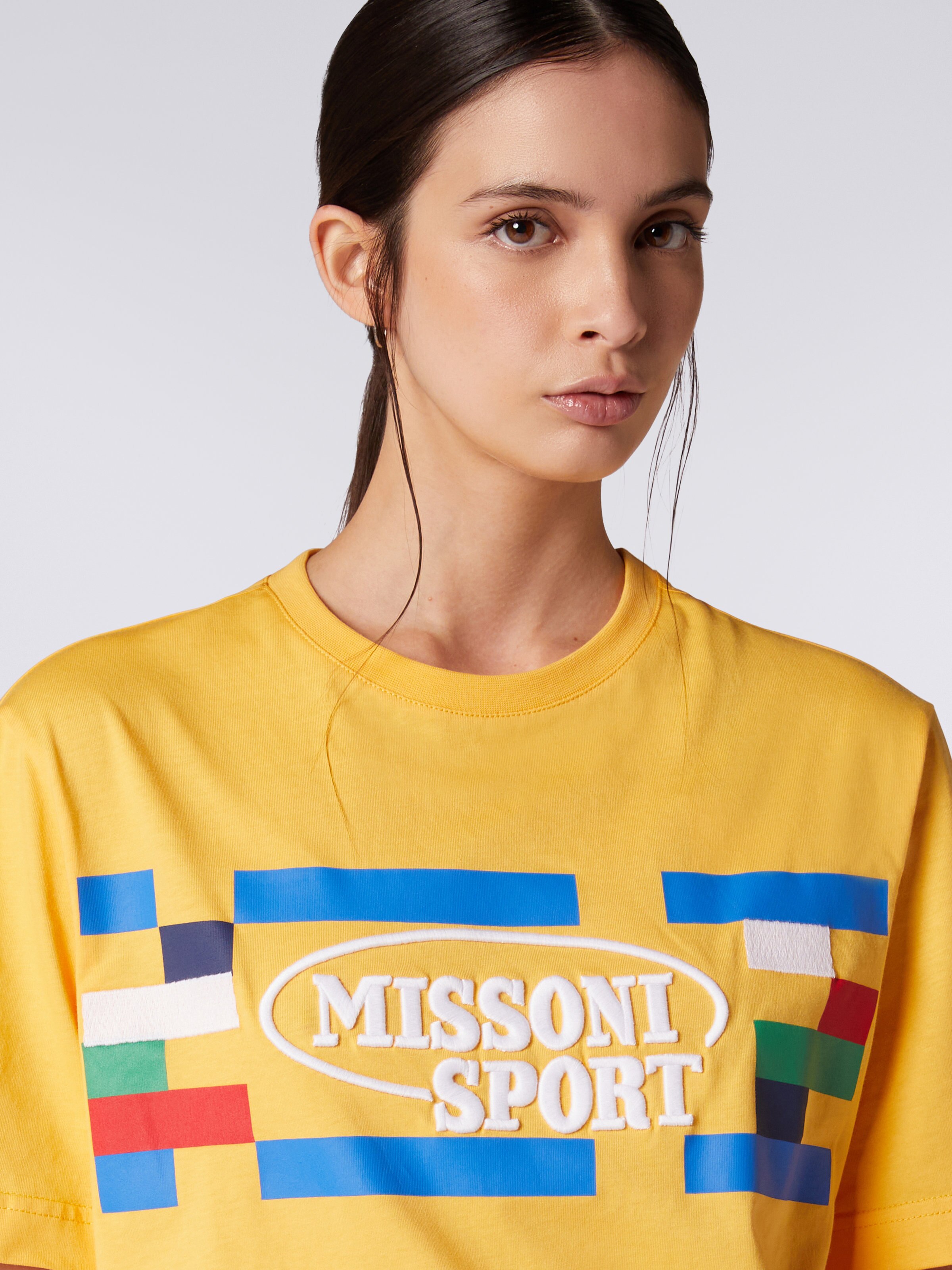 Crew-neck cotton T-shirt with logo and contrasting piping, Yellow  - 4