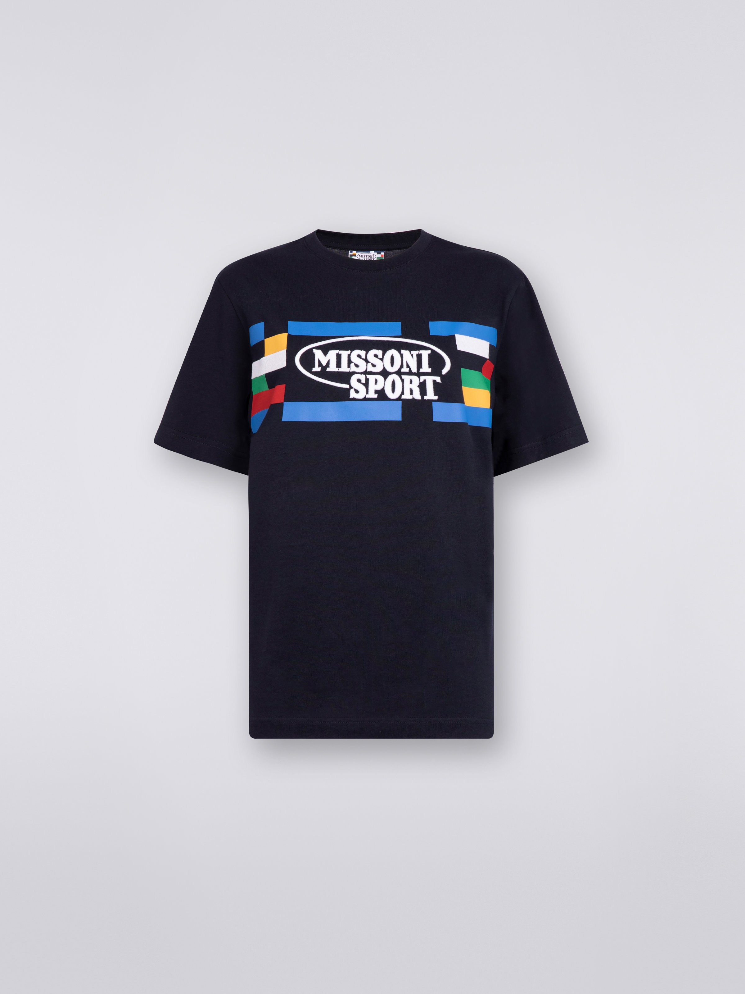 Crew-neck cotton T-shirt with logo and contrasting piping, Navy Blue  - 0