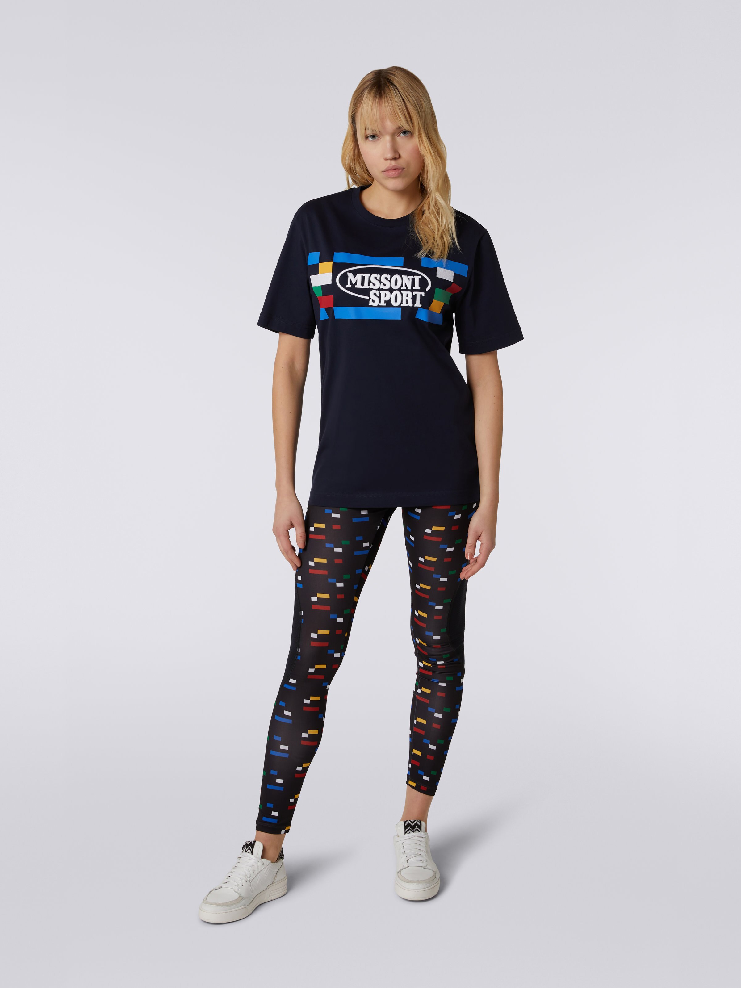 Crew-neck cotton T-shirt with logo and contrasting piping, Navy Blue  - 1