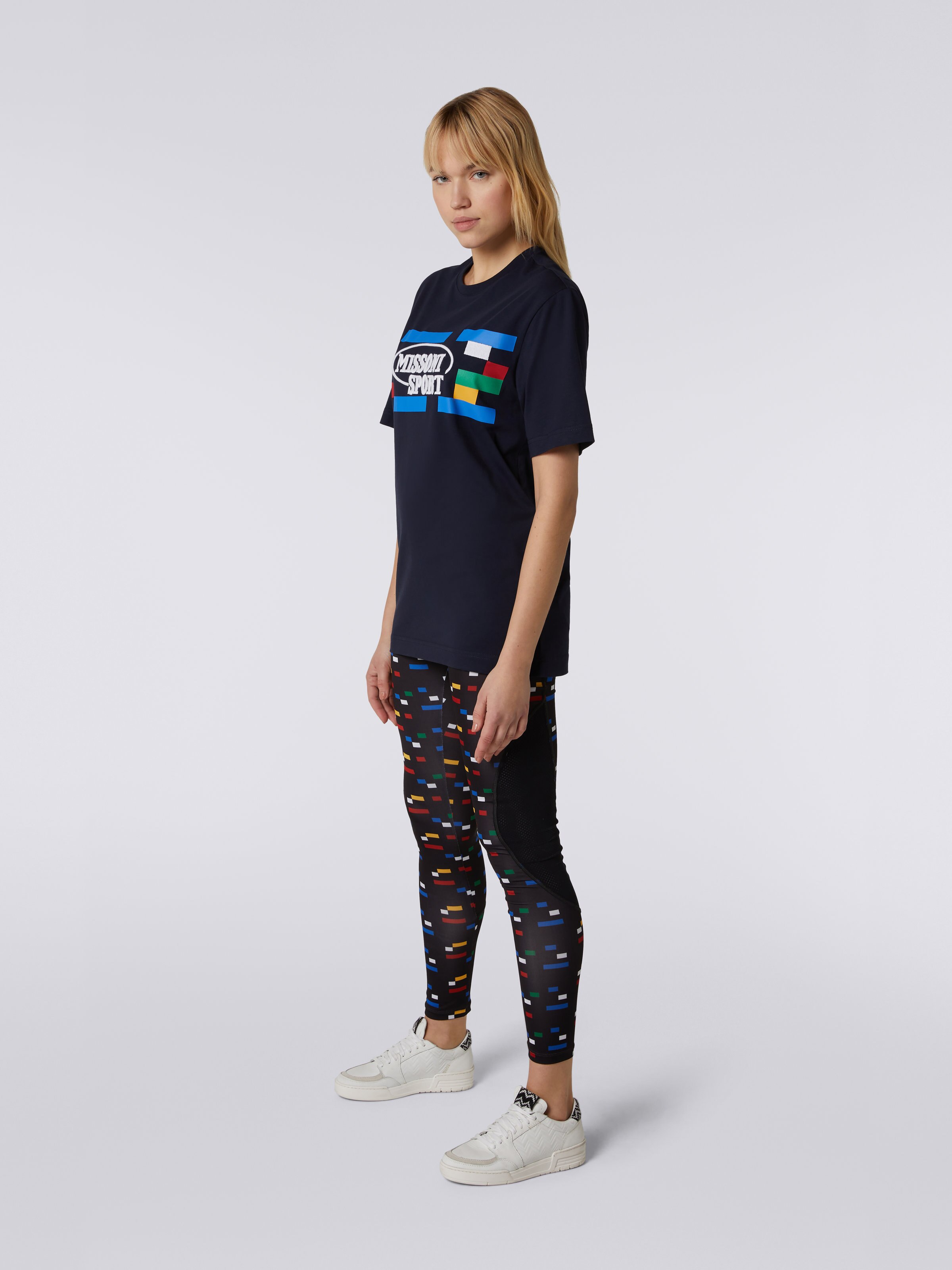 Crew-neck cotton T-shirt with logo and contrasting piping, Navy Blue  - 2