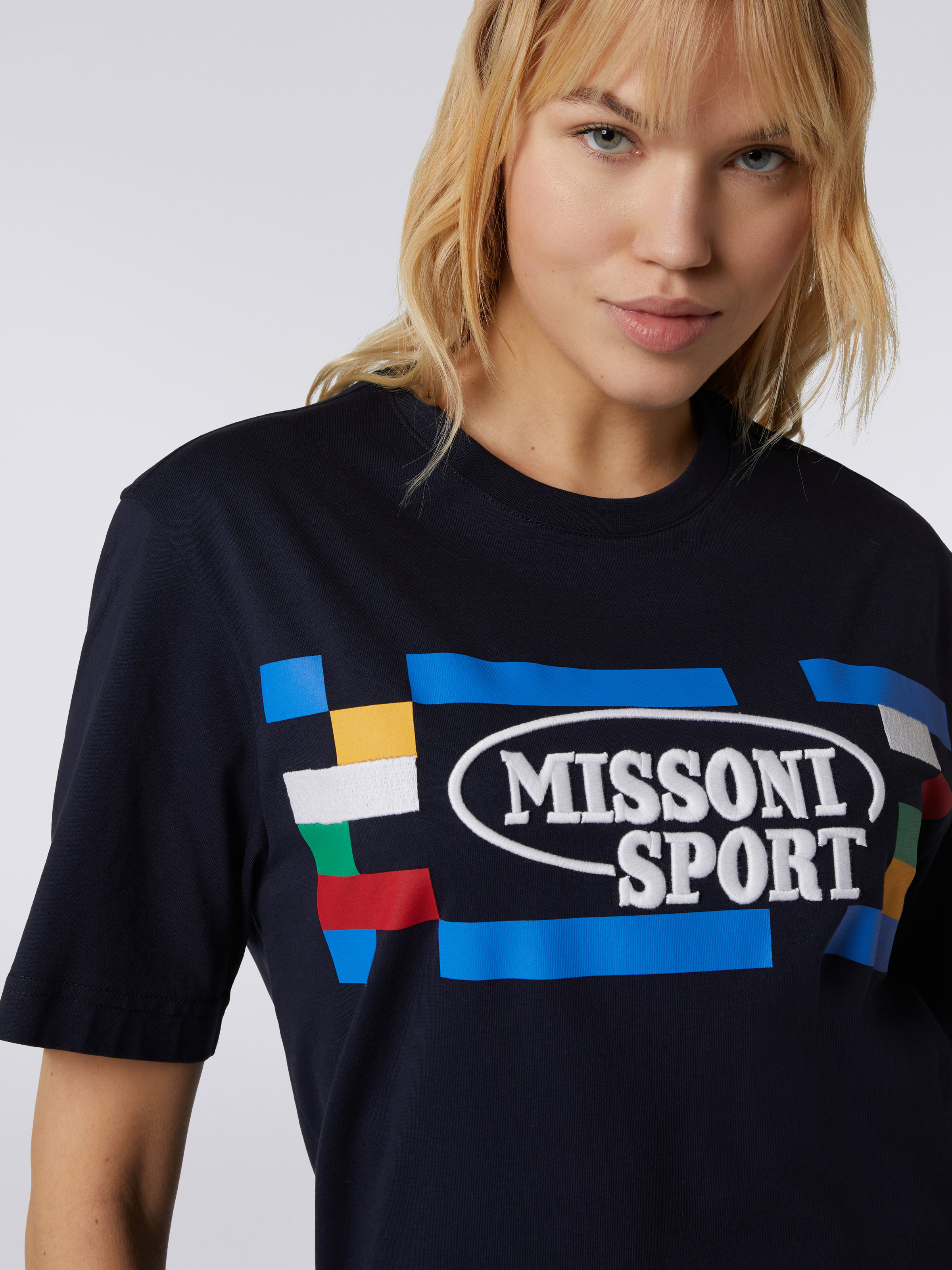Crew-neck cotton T-shirt with logo and contrasting piping, Navy Blue  - 4