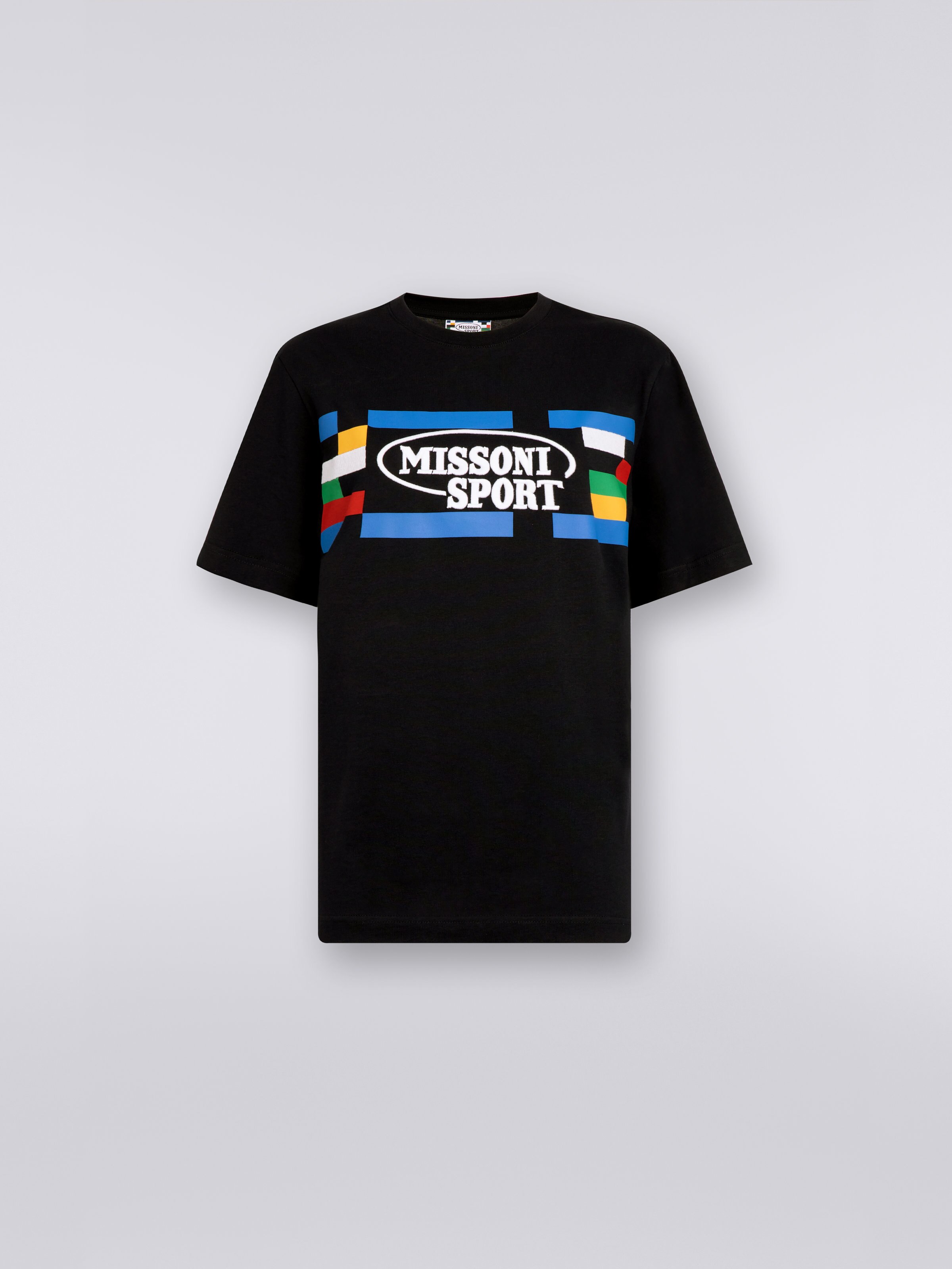 Crew-neck cotton T-shirt with logo and contrasting piping, Black & Multicoloured  - 0