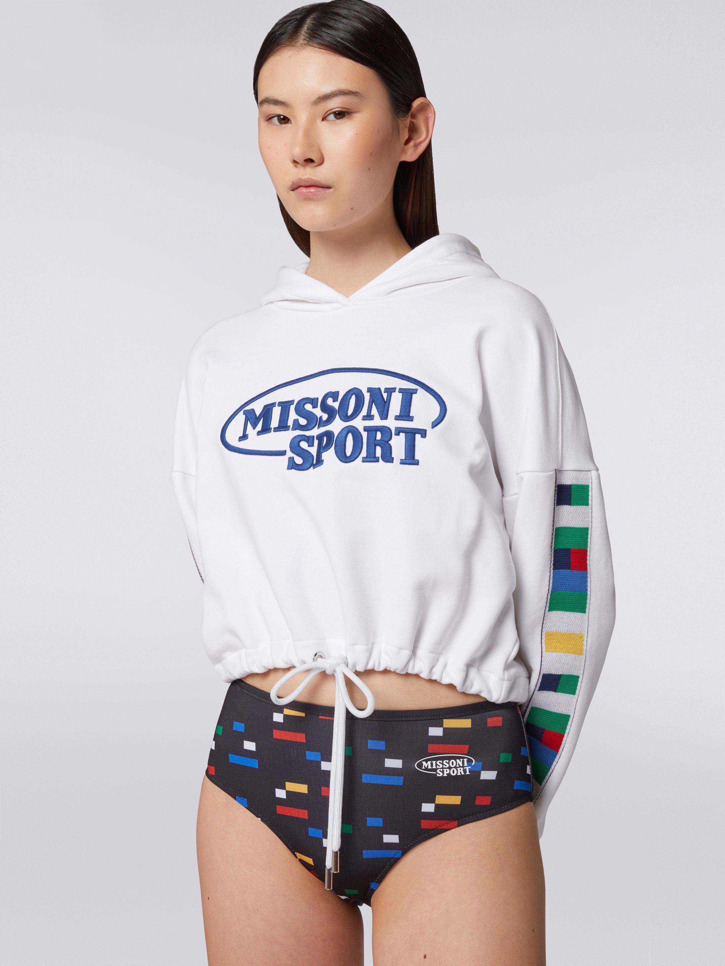 Sudadera de algodón con capucha y bandas de punto con el logotipo tradicional, Blanco & Multicolor Tradicional - 4