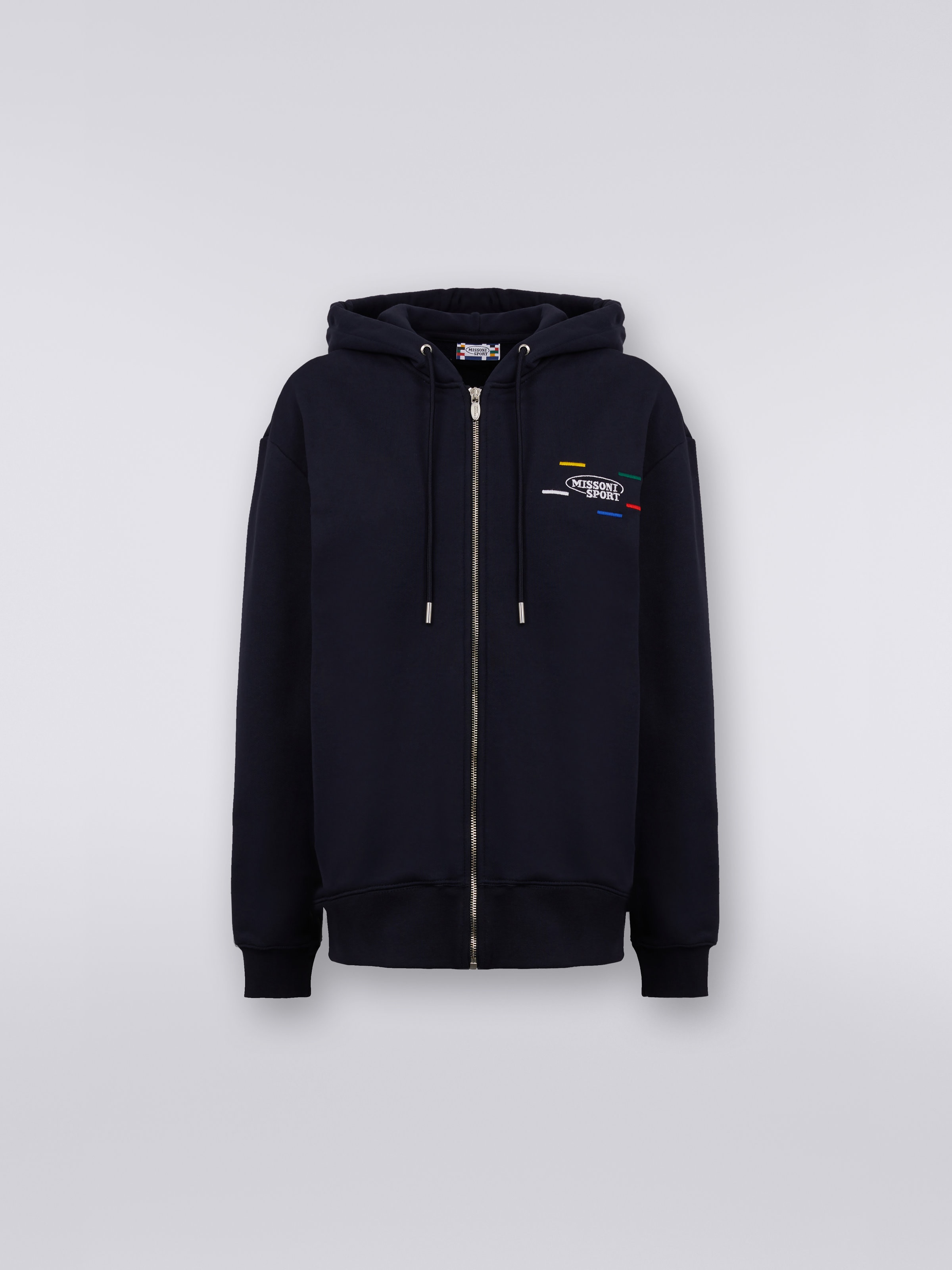 Sudadera con cremallera completa, capucha y bandas de punto, Azul Marino  - 0
