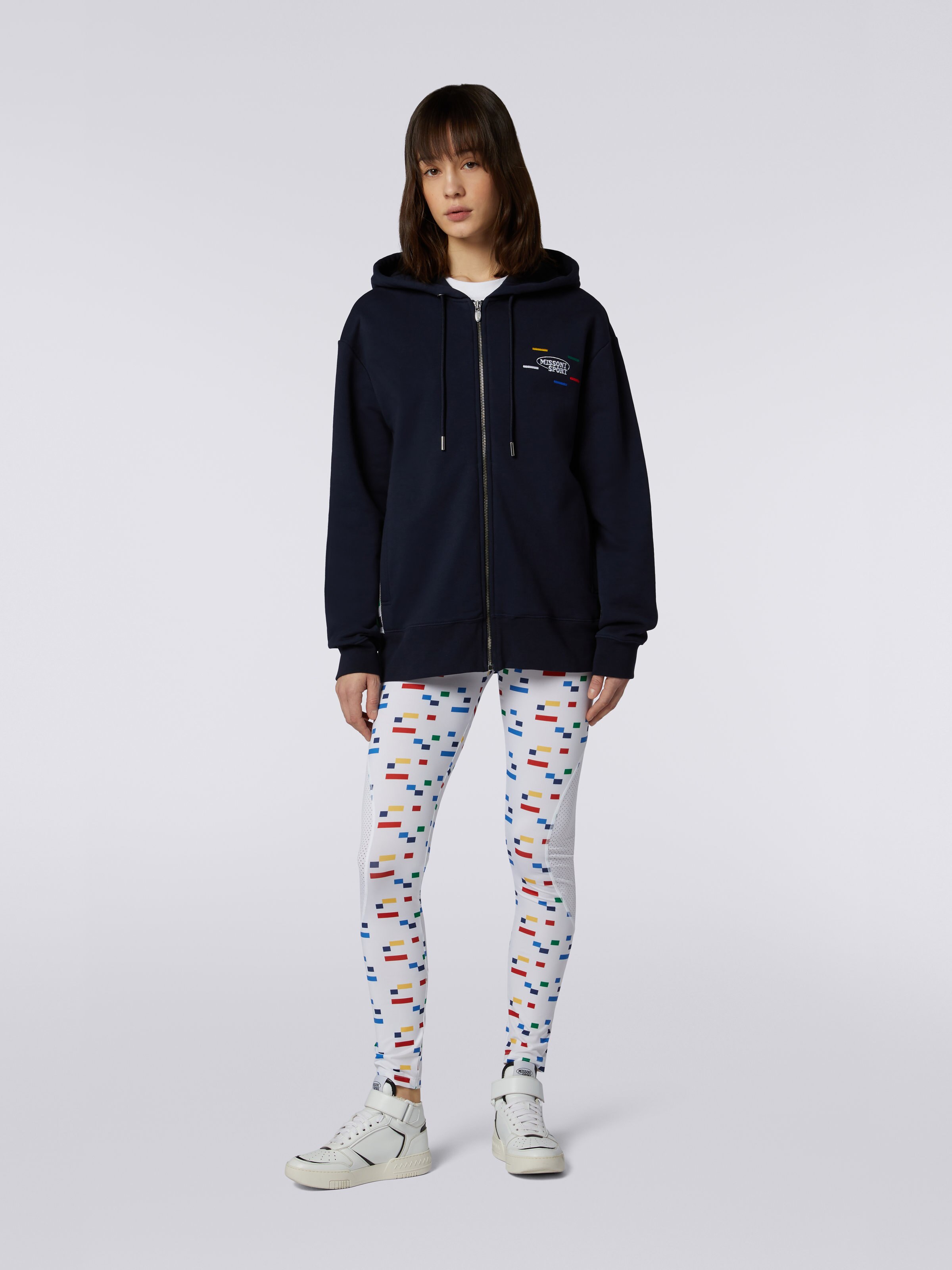 Sudadera con cremallera completa, capucha y bandas de punto, Azul Marino  - 1