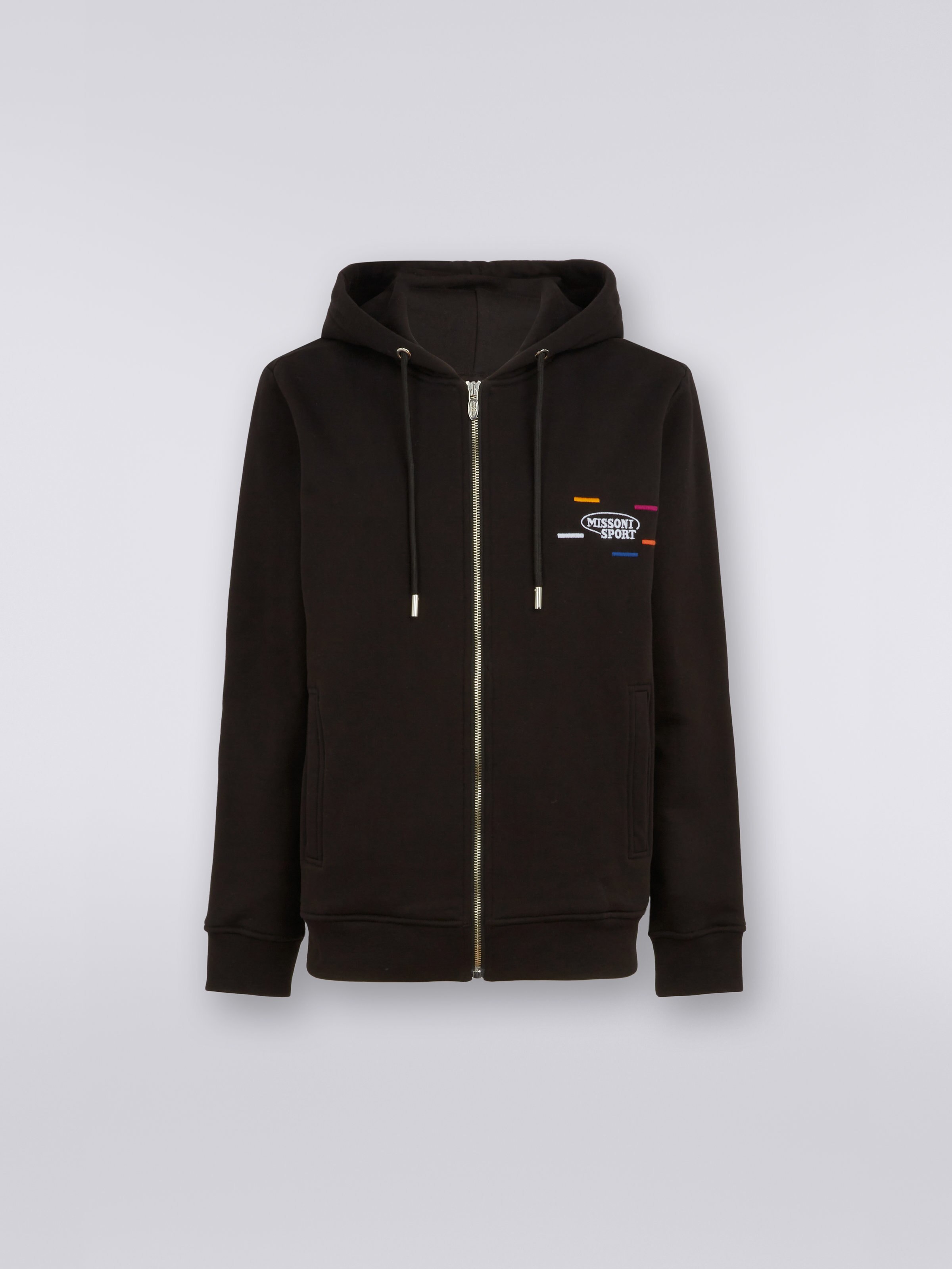 Full-zip hooded sweatshirt with knitted bands, Black & Multicoloured  - 0