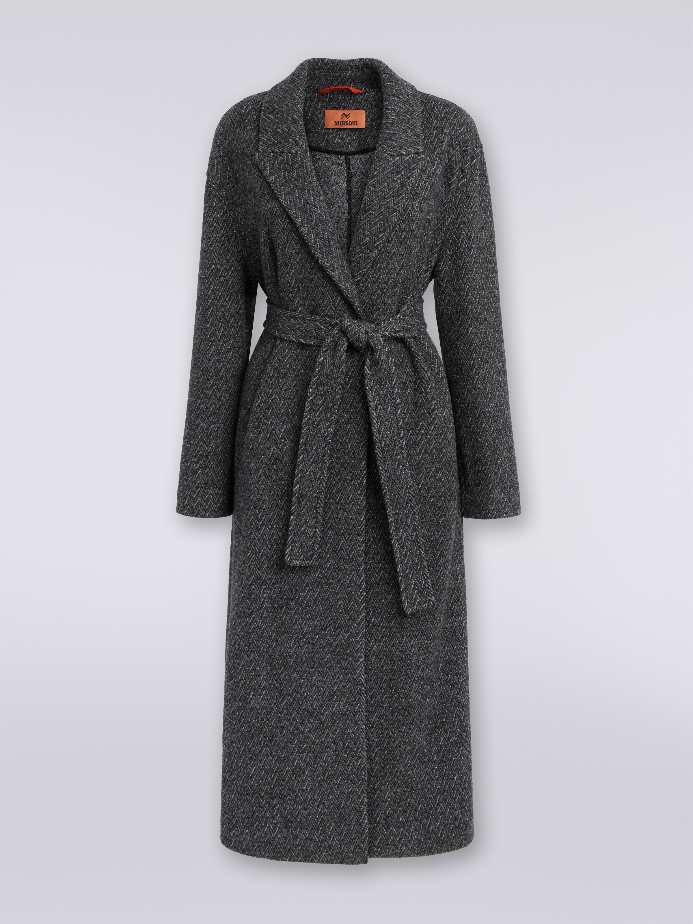 Wool coat with herringbone pattern, Black    - 0