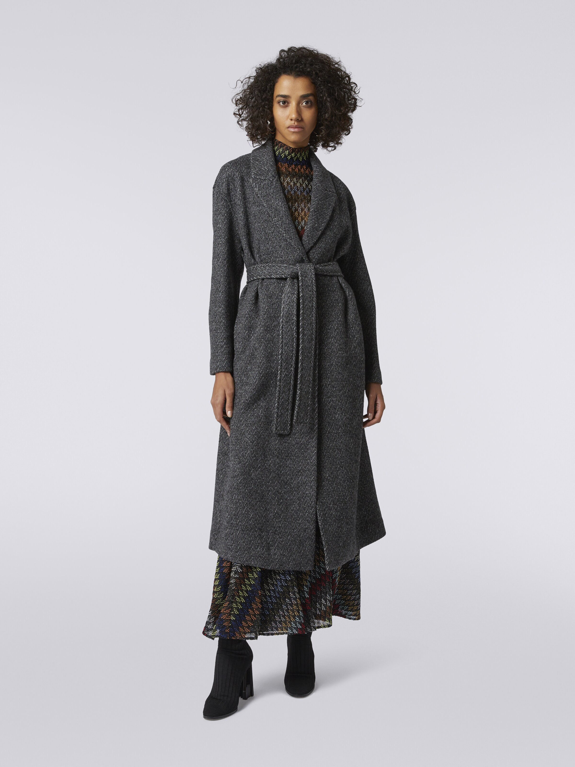 Wool coat with herringbone pattern, Black    - 1