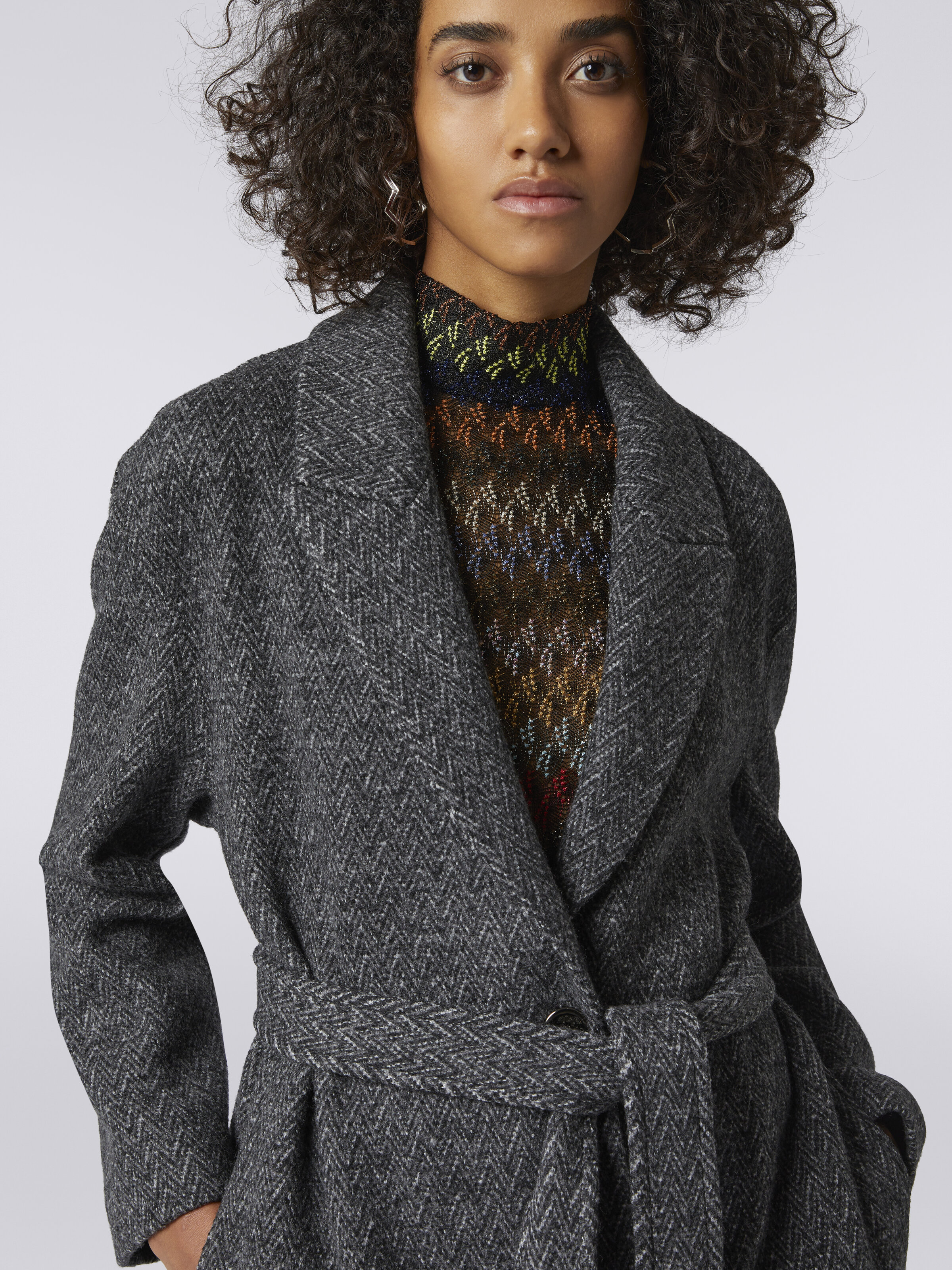 Wool coat with herringbone pattern, Black    - 4