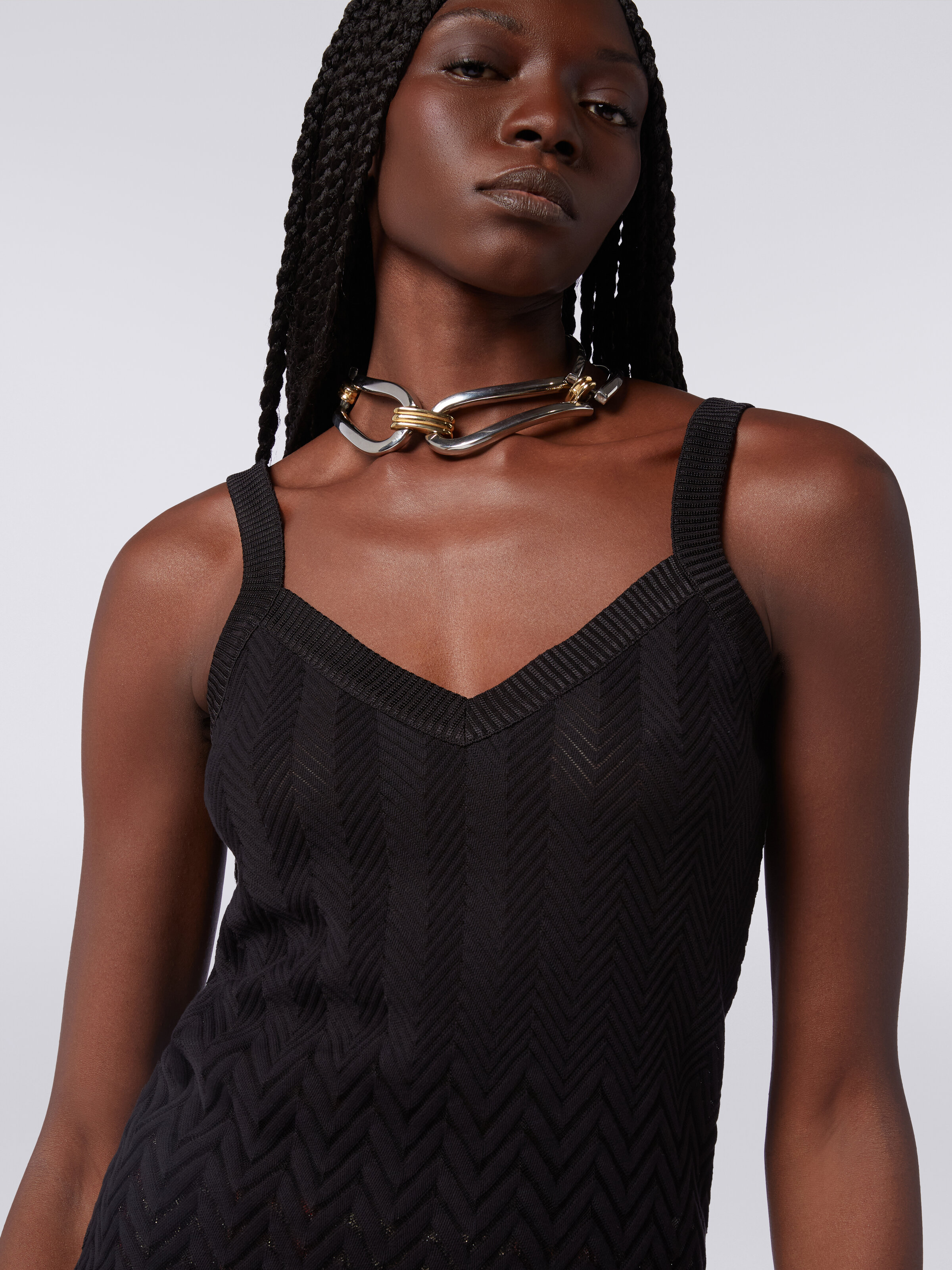Cotton and viscose blend chevron tank top, Black    - 4