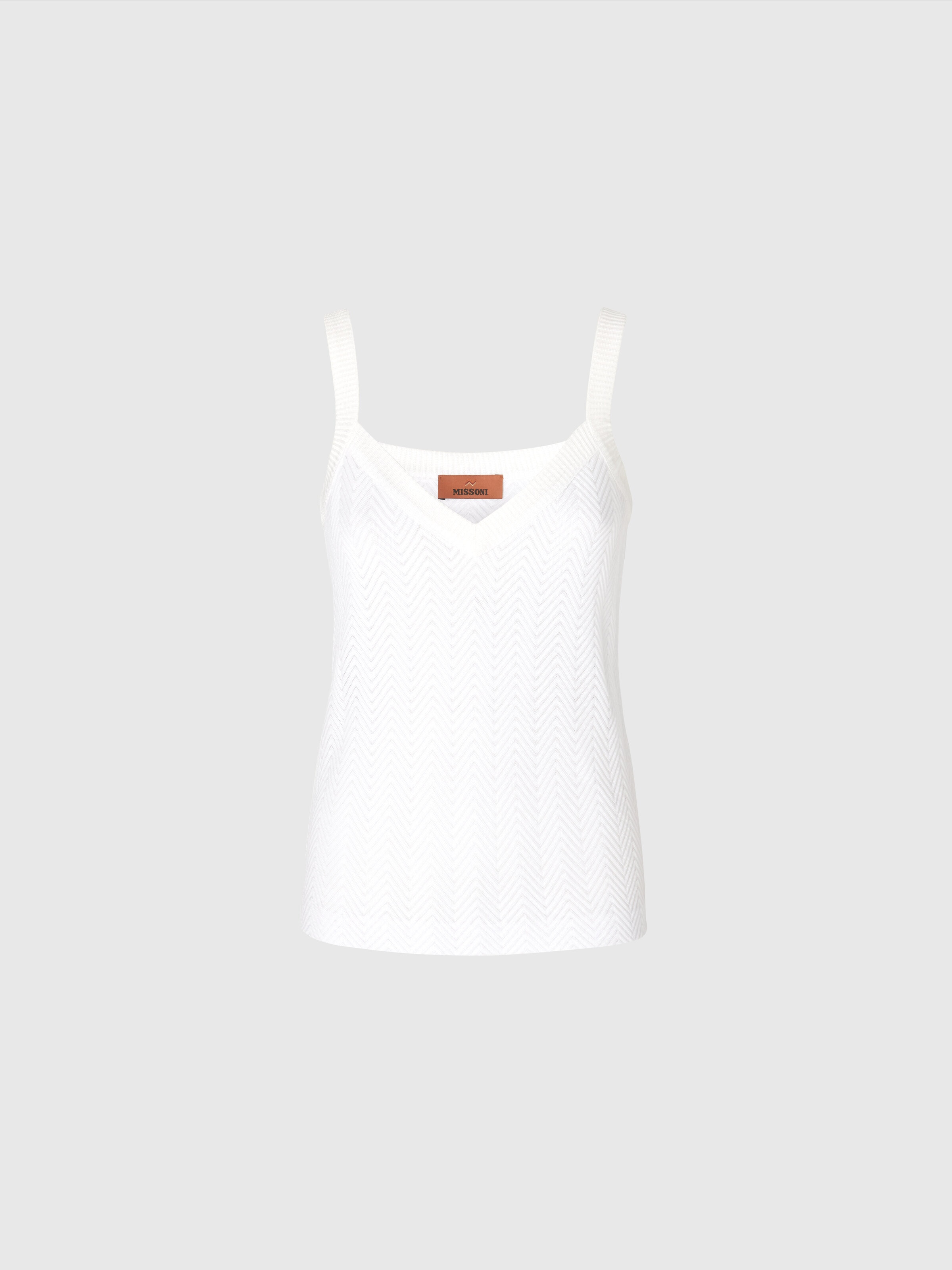 Tone-on-tone zigzag cotton and viscose tank tops, White  - 0