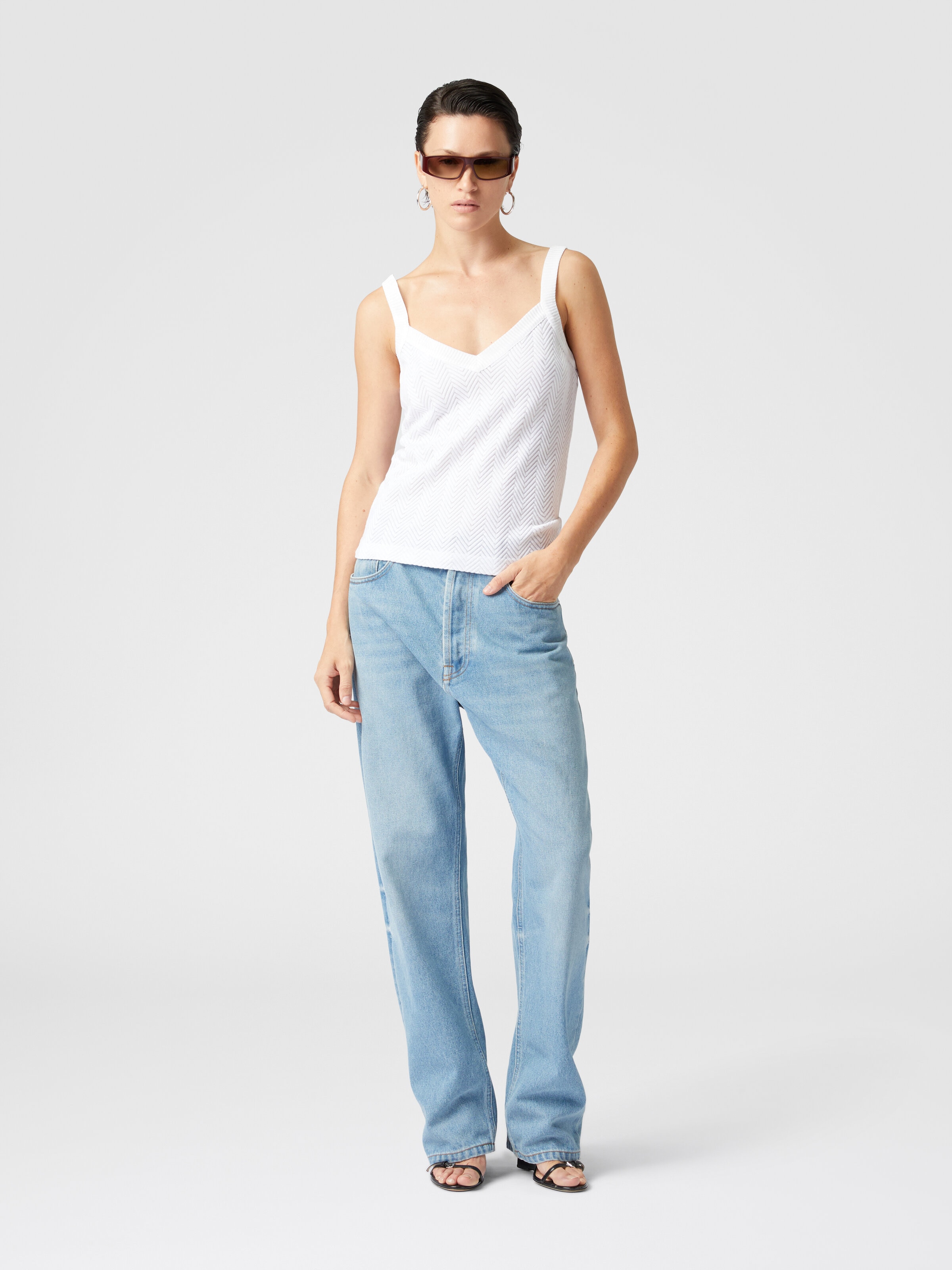 Tone-on-tone zigzag cotton and viscose tank tops, White  - 1