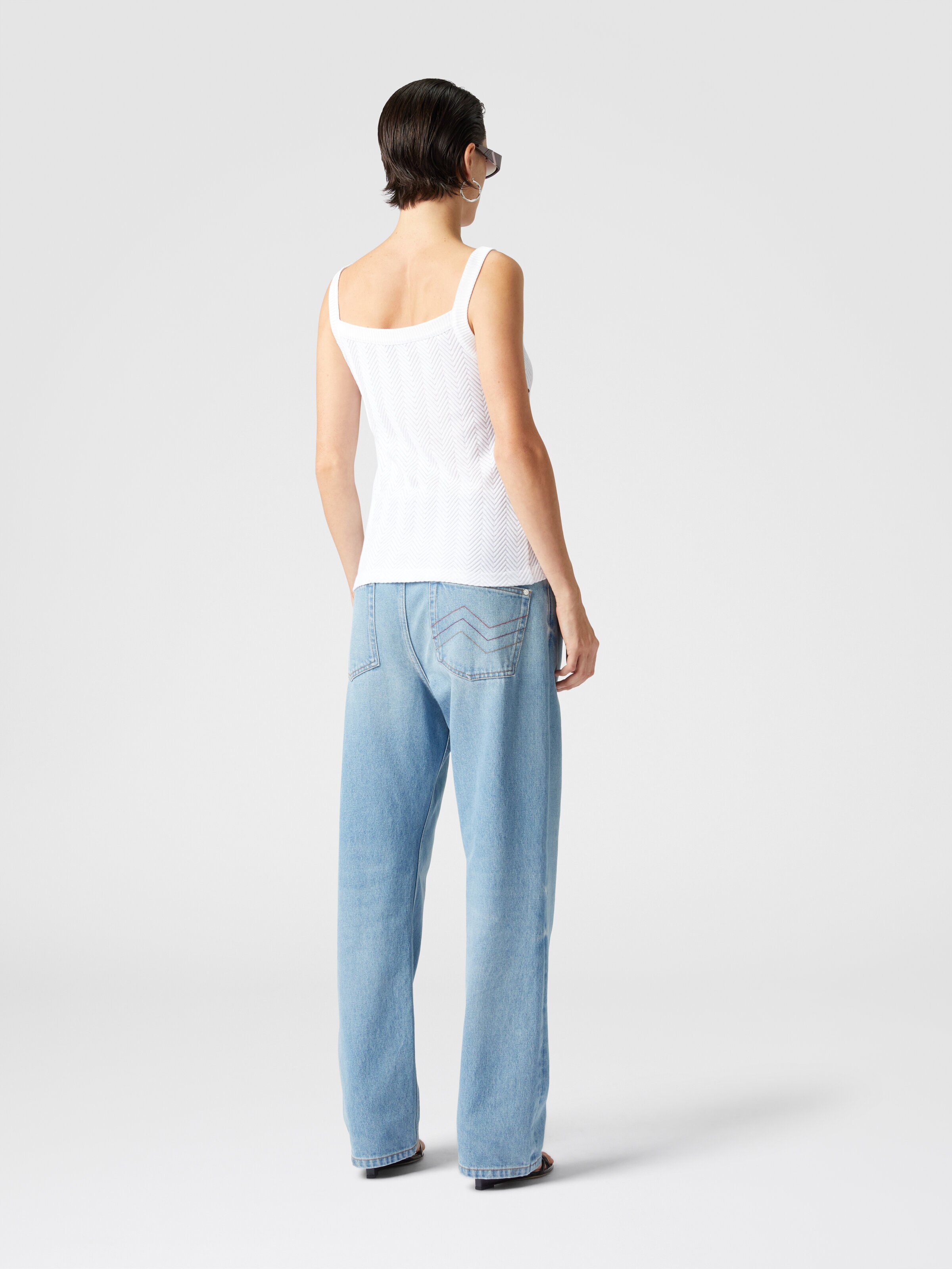 Tone-on-tone zigzag cotton and viscose tank tops, White  - 2