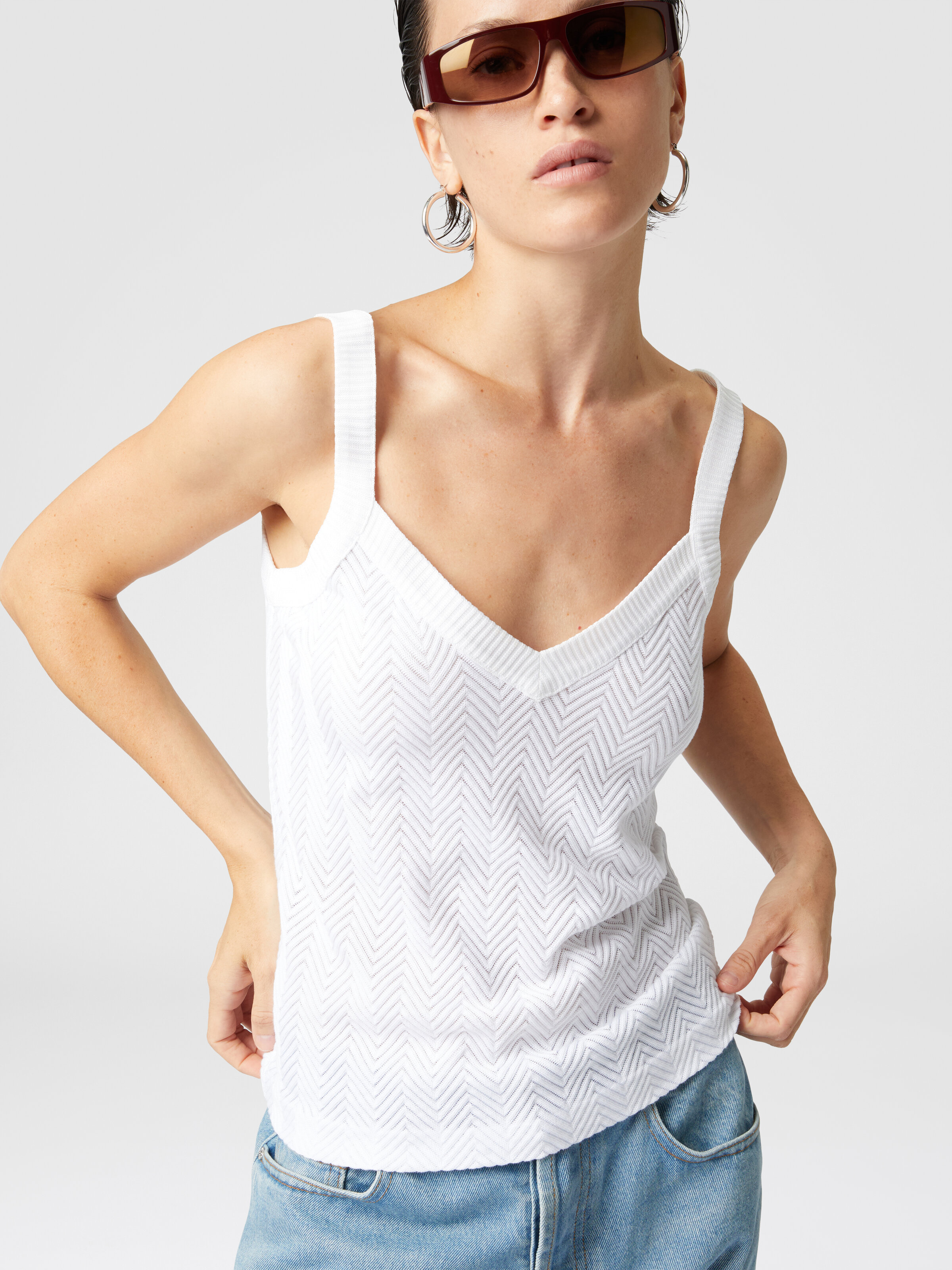 Tone-on-tone zigzag cotton and viscose tank tops, White  - 3