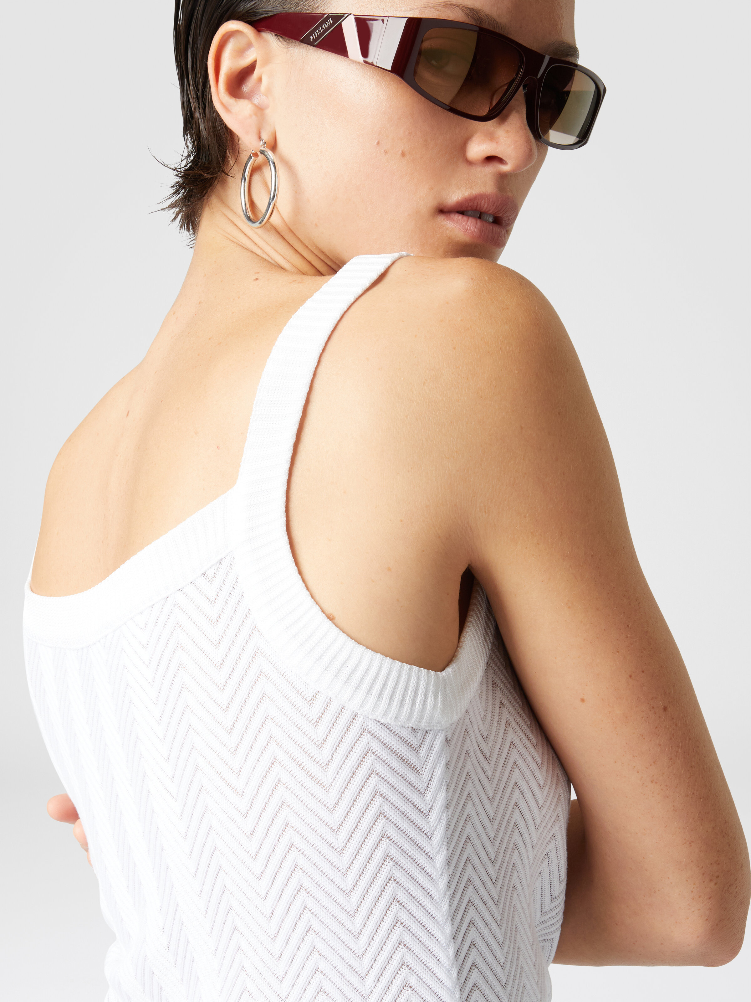 Tone-on-tone zigzag cotton and viscose tank tops, White  - 4