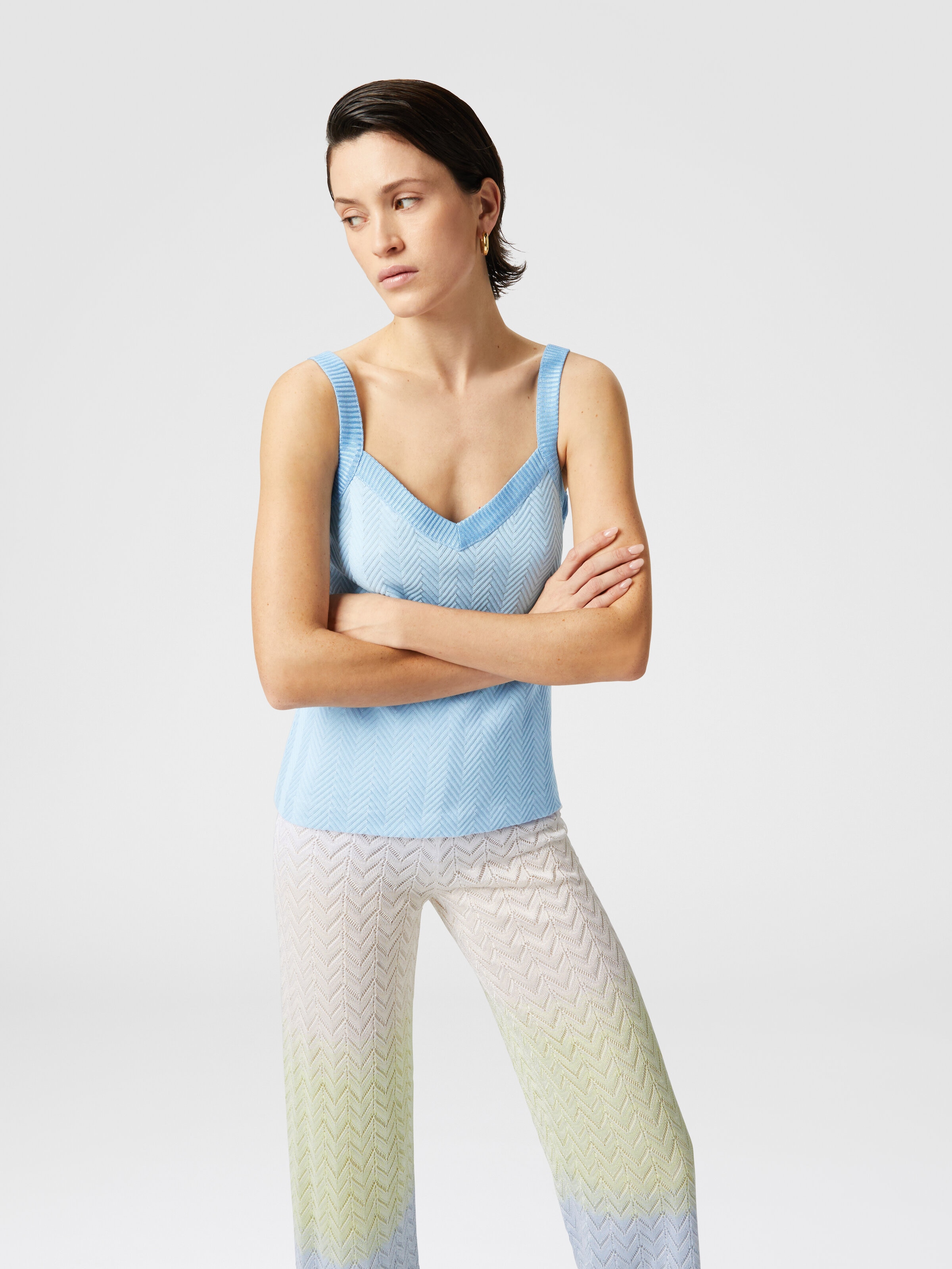Ton-in-Ton-Tanktops aus Baumwolle und Viskose im Zickzack, Hellblau - 3