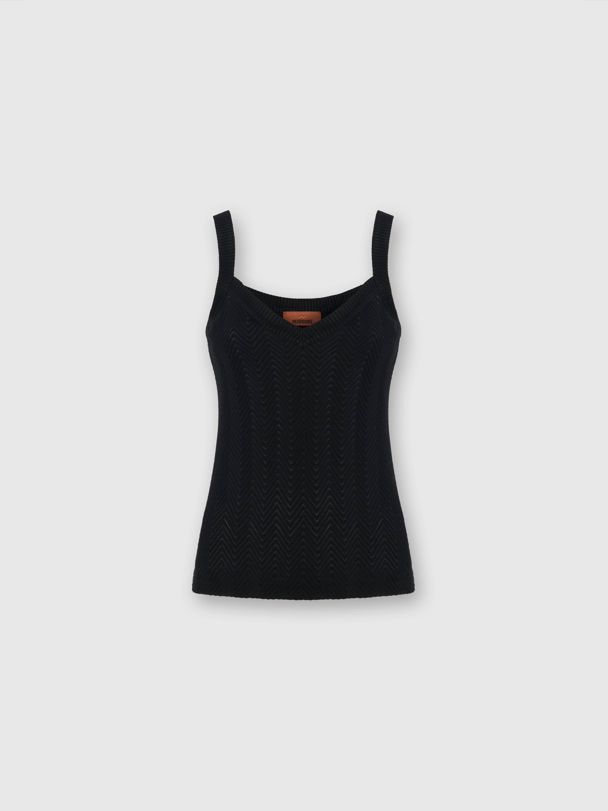 Camisetas de tirantes de algodón y viscosa en zigzag tono sobre tono, Negro - 0