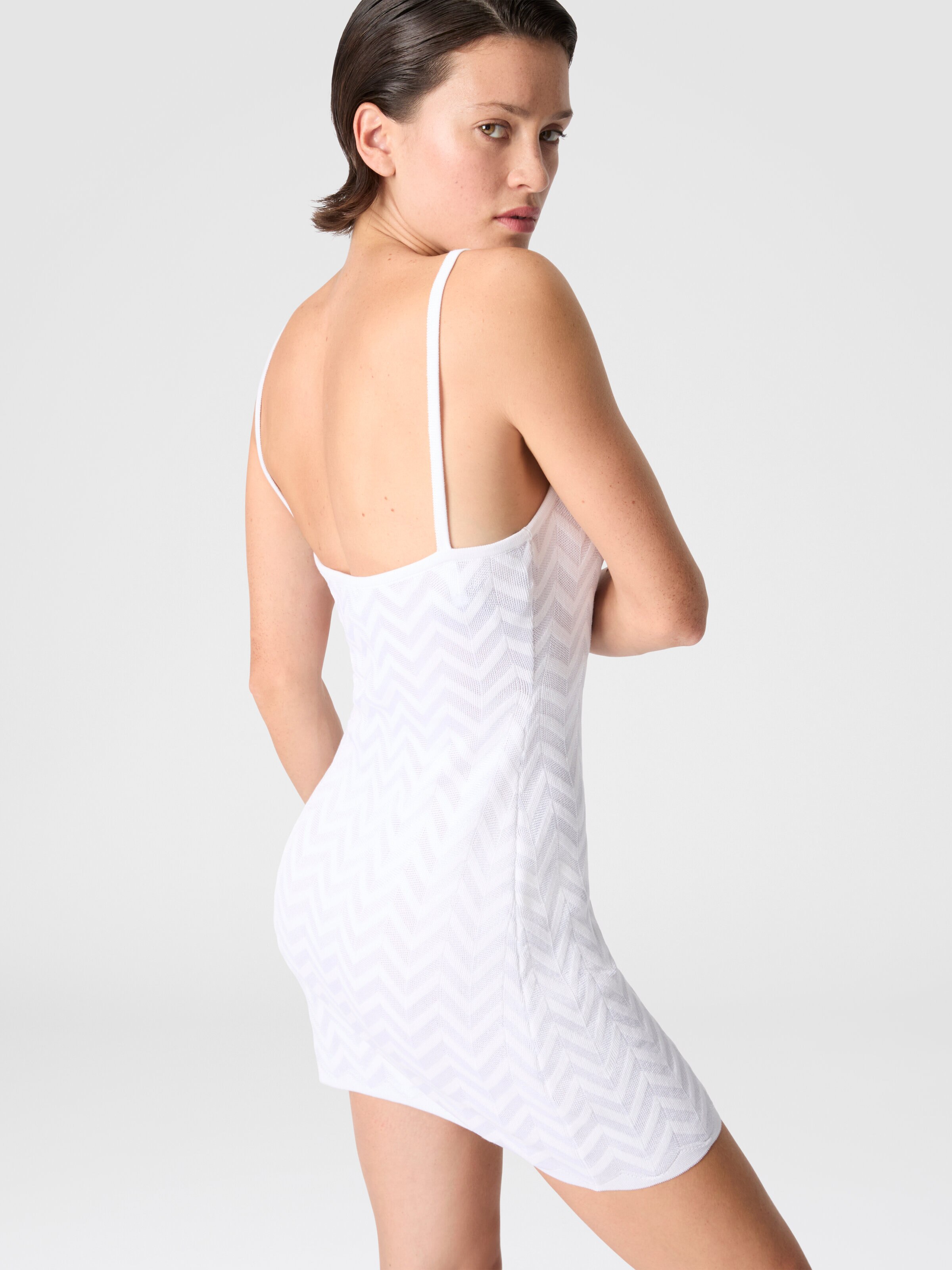 Chevron Cotton and Viscose Mini Dress, White  - 3