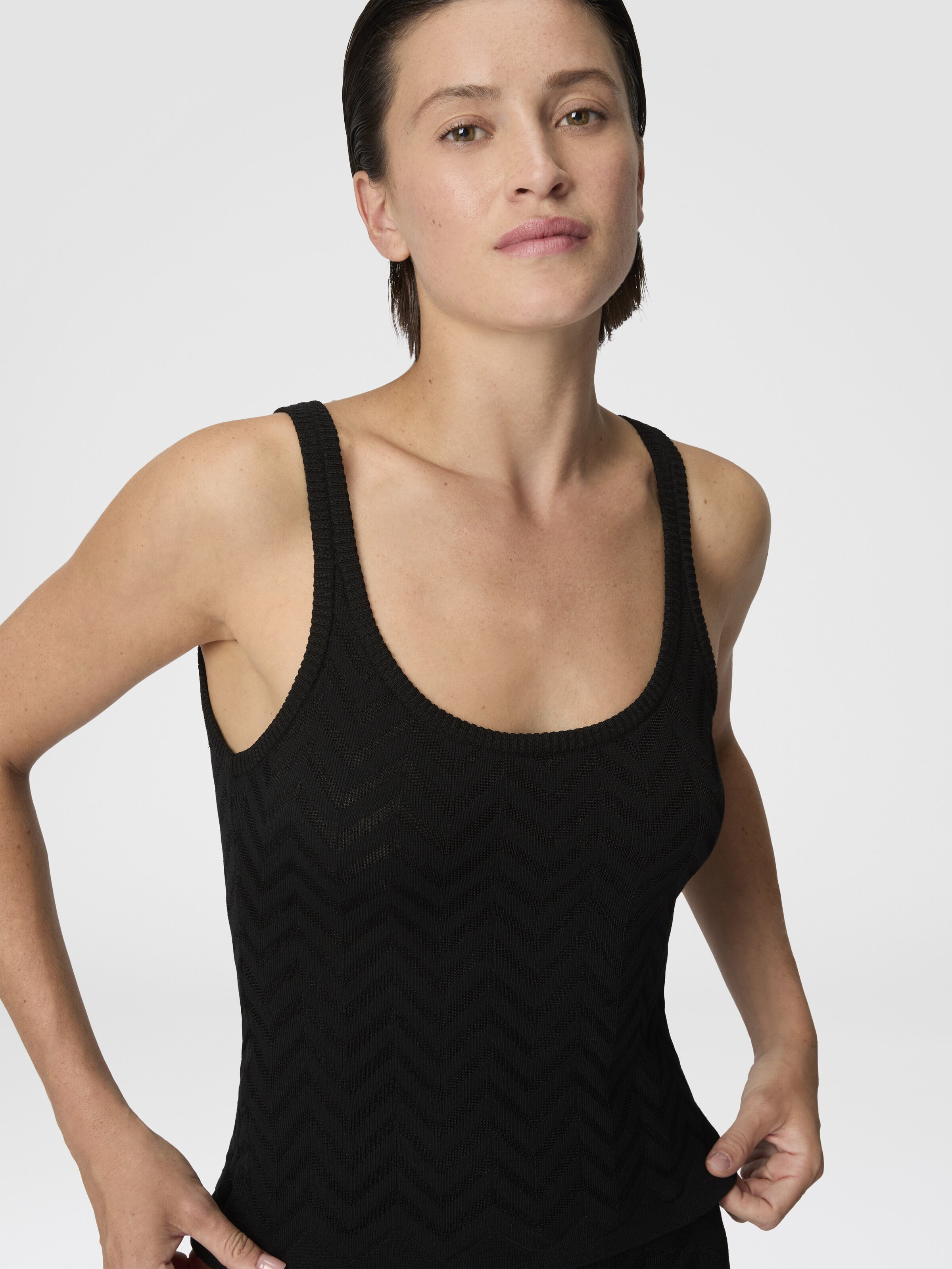 Stretch Chevron Cotton and Viscose Tank Top, Black - 3