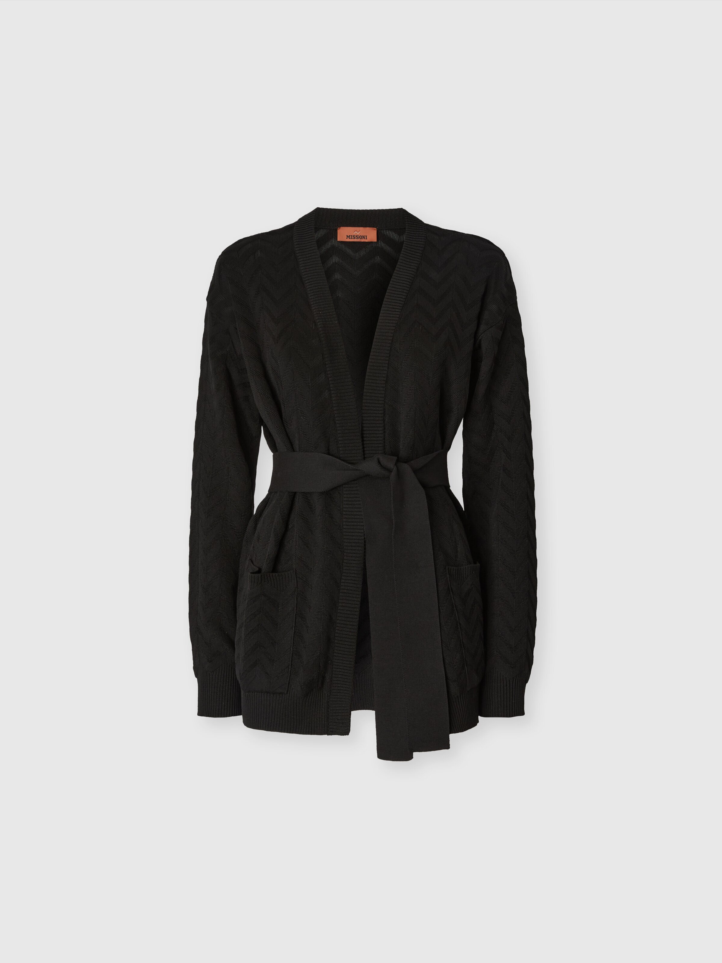 Chevron Cotton and Viscose Cardigan with Belt, Black - 0