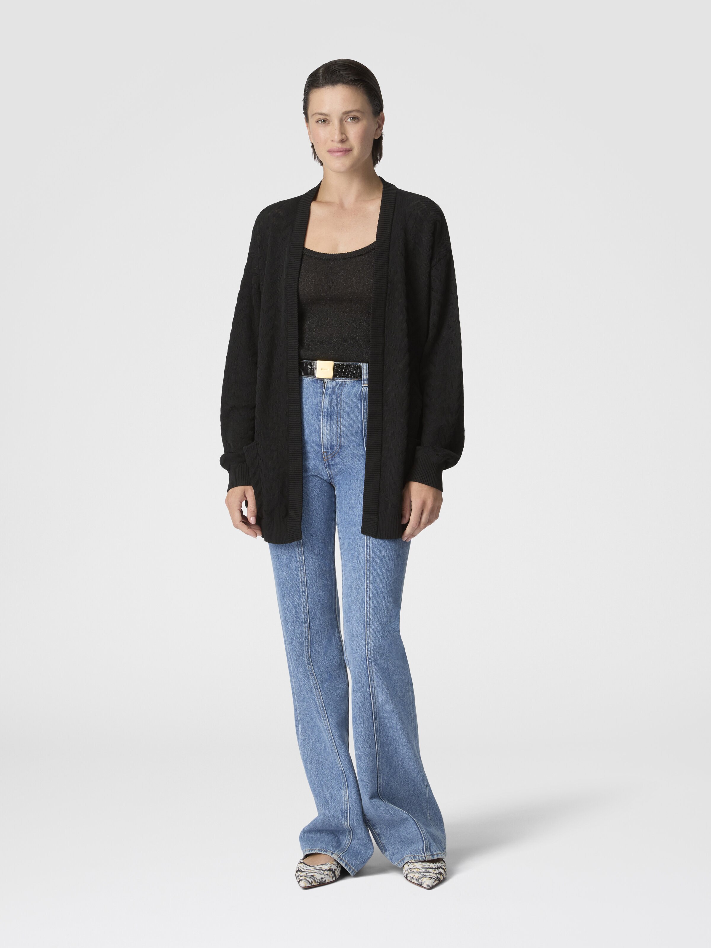 Chevron Cotton and Viscose Cardigan with Belt, Black - 1