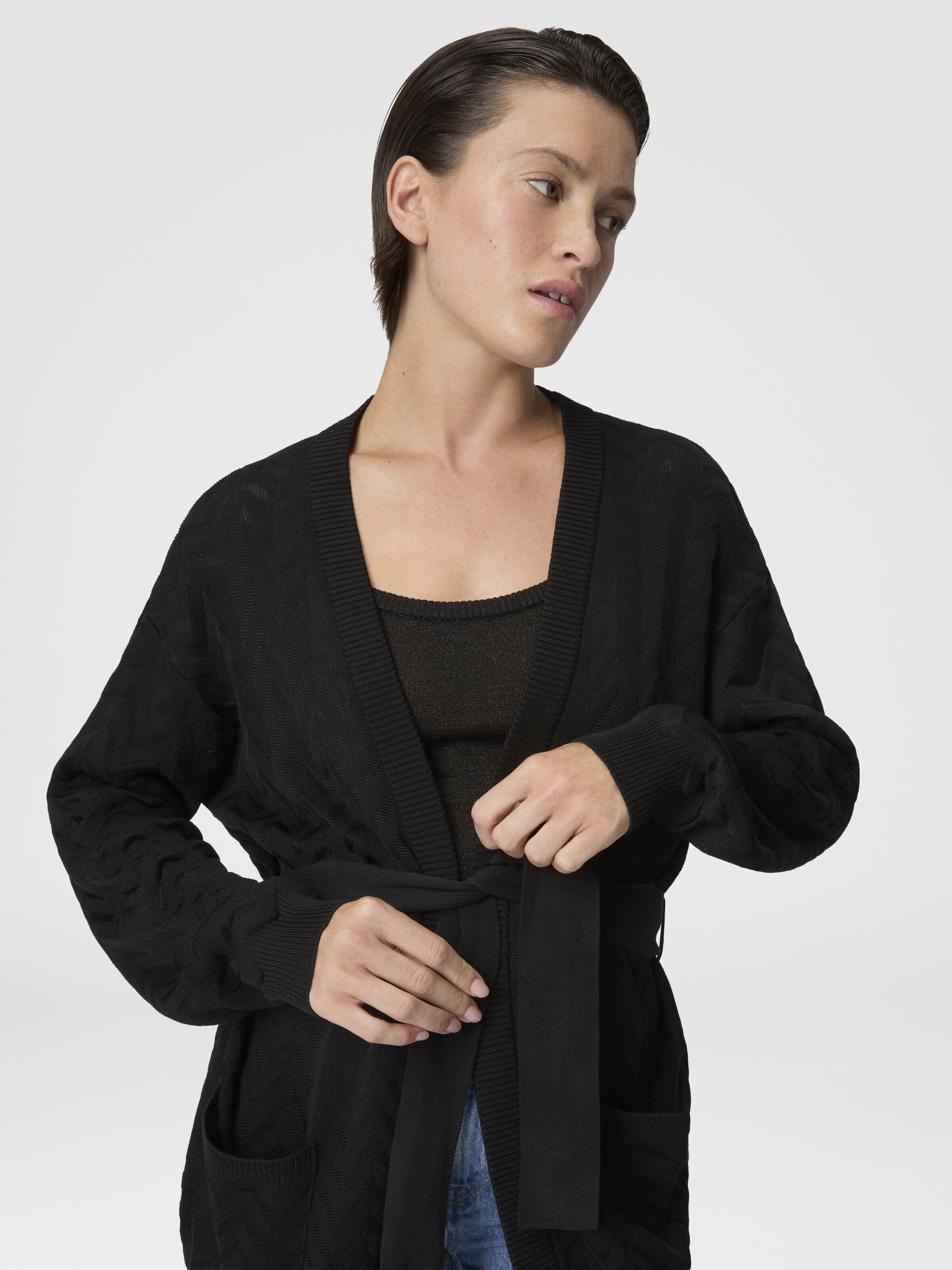 Chevron Cotton and Viscose Cardigan with Belt, Black - 3