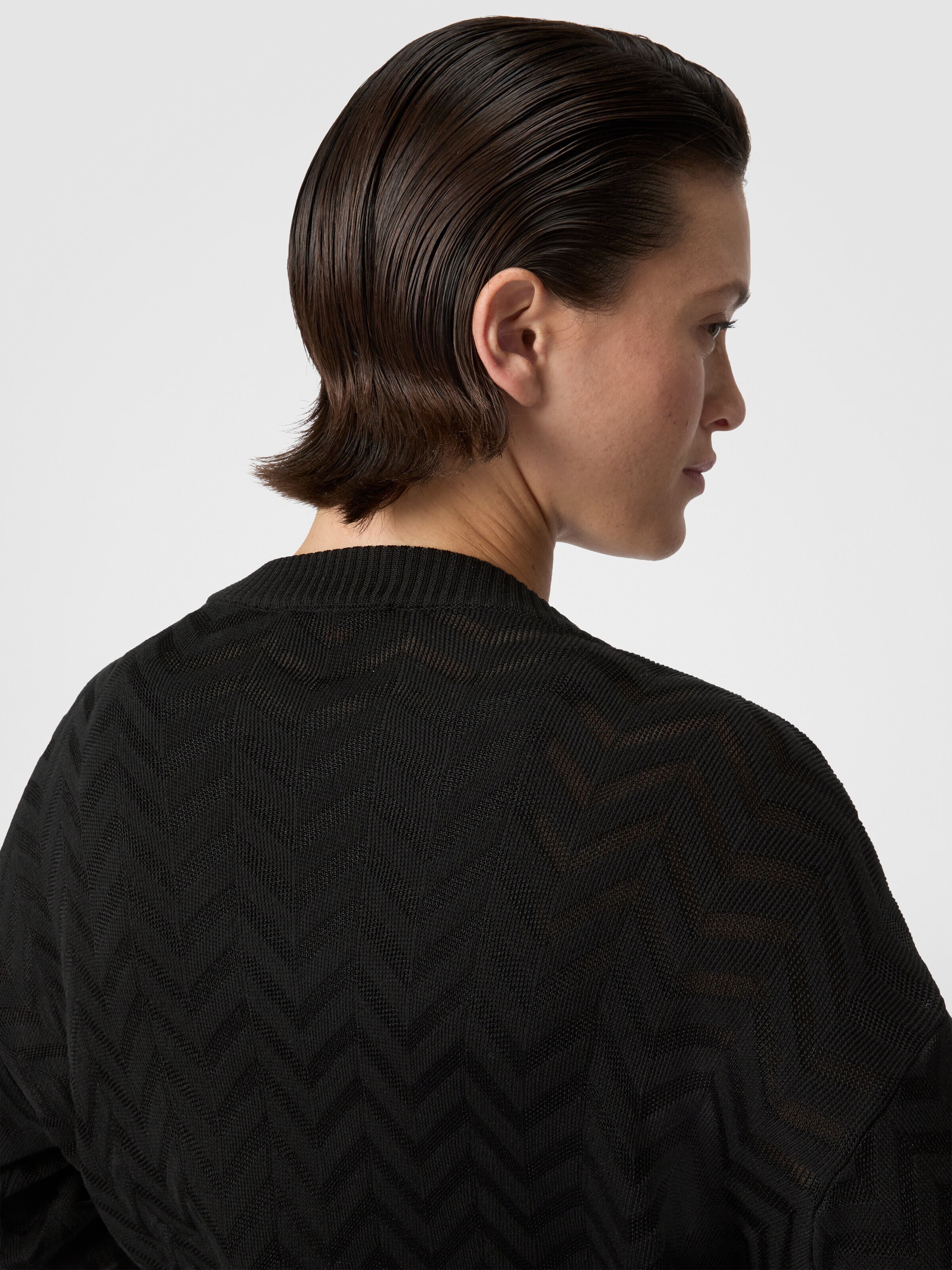 Chevron Cotton and Viscose Cardigan with Belt, Black - 4