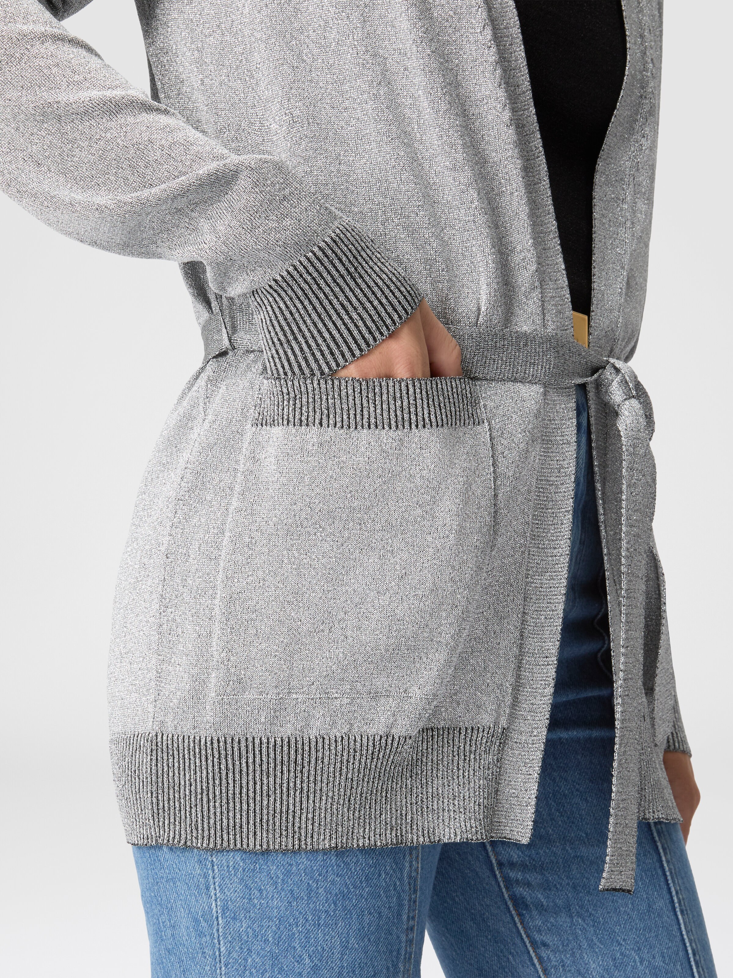 Viscose Lamé Cardigan with Belt, Light Blue - 4