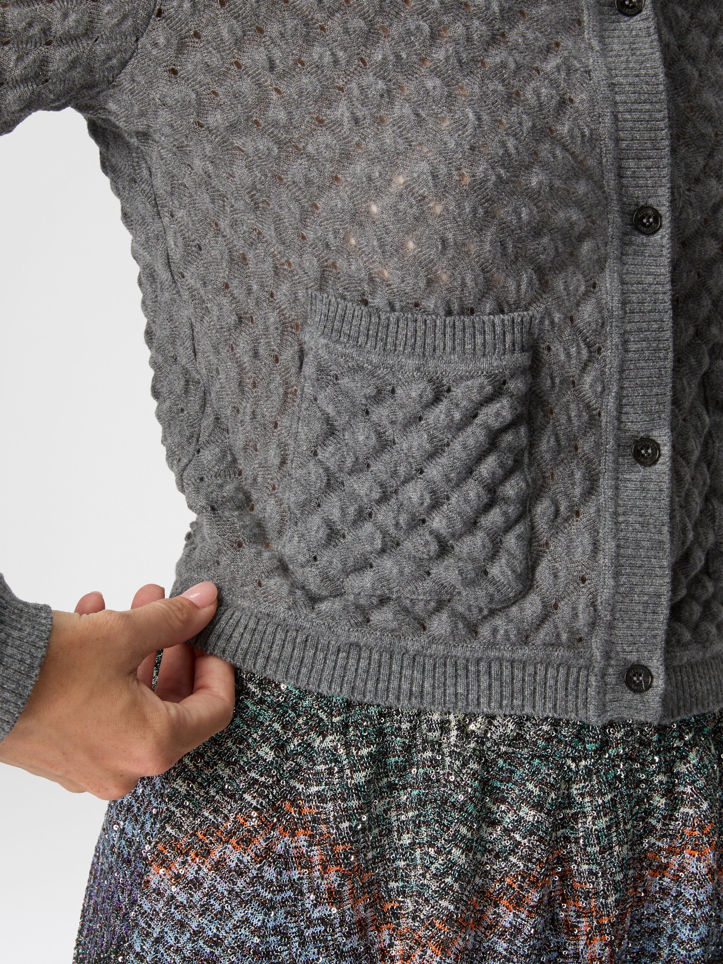 Cashmere Cardigan with Lace Pattern, Grey - 4