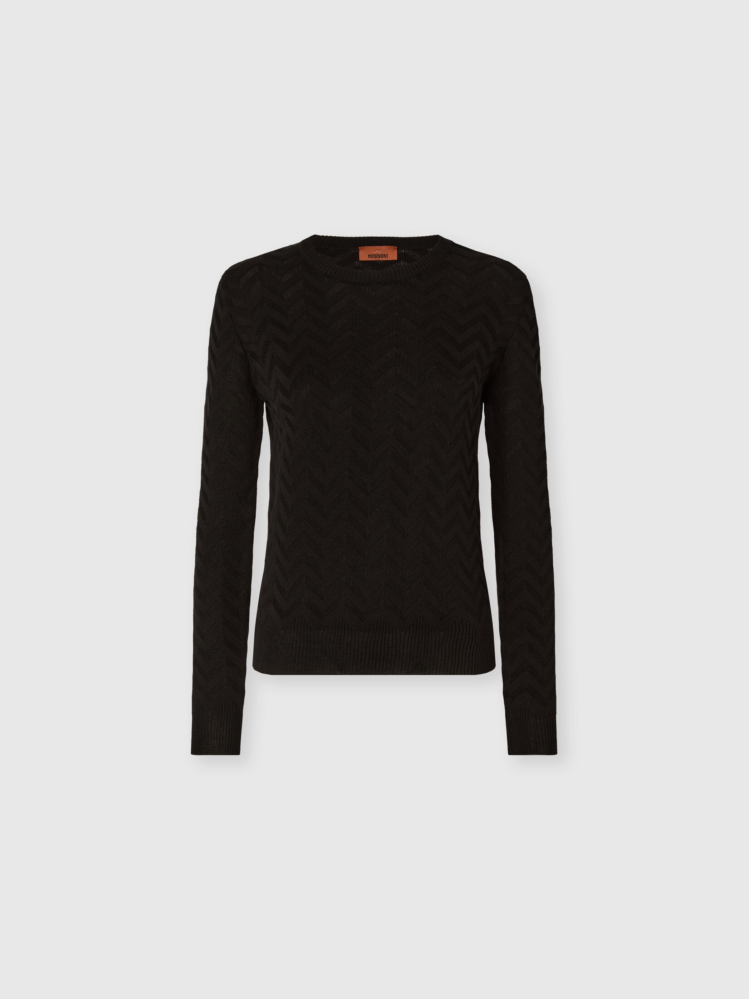 Stretch Chevron Cotton and Viscose Crewneck Sweater, Black - 0