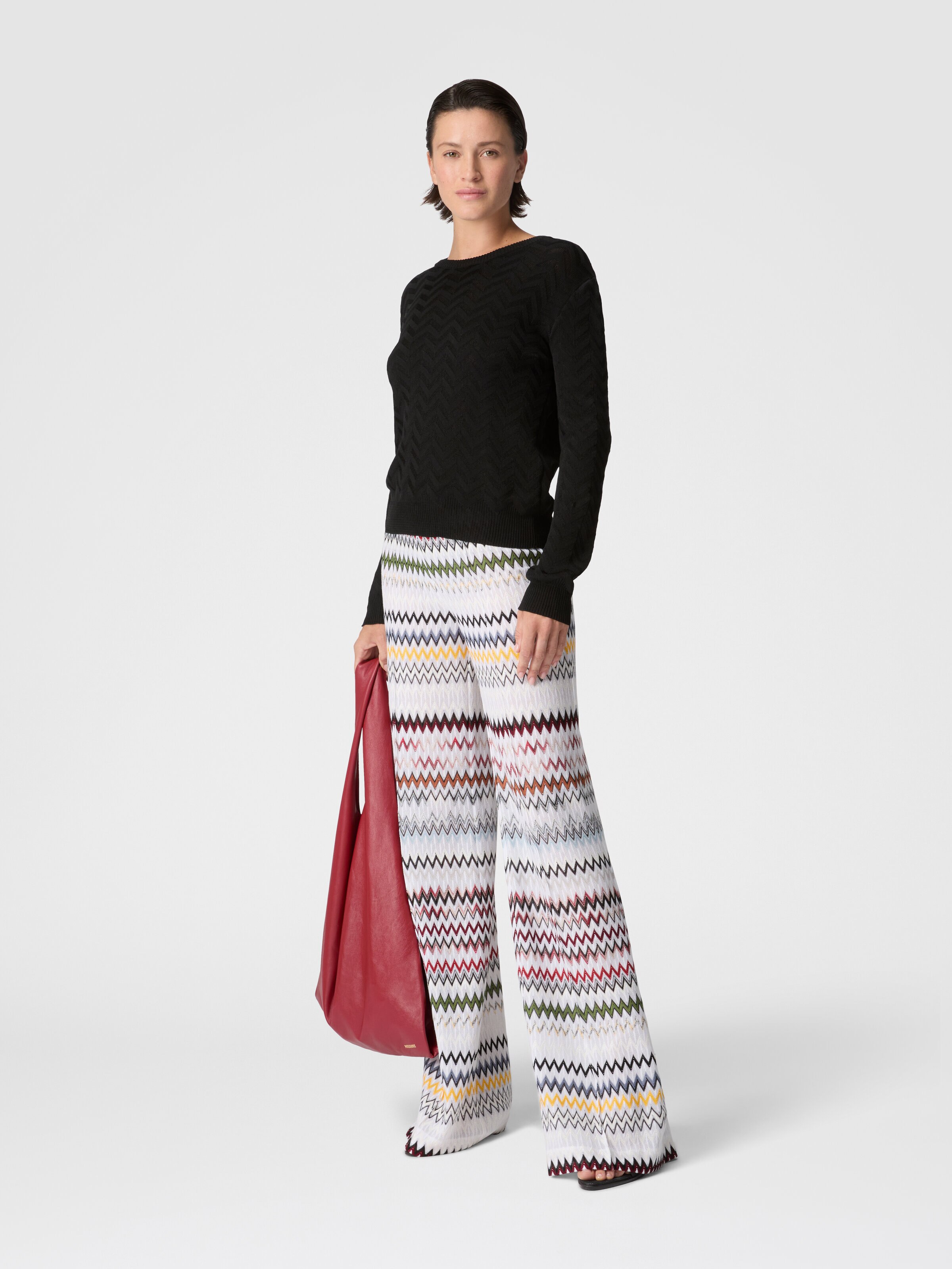 Stretch Chevron Cotton and Viscose Crewneck Sweater, Black - 1